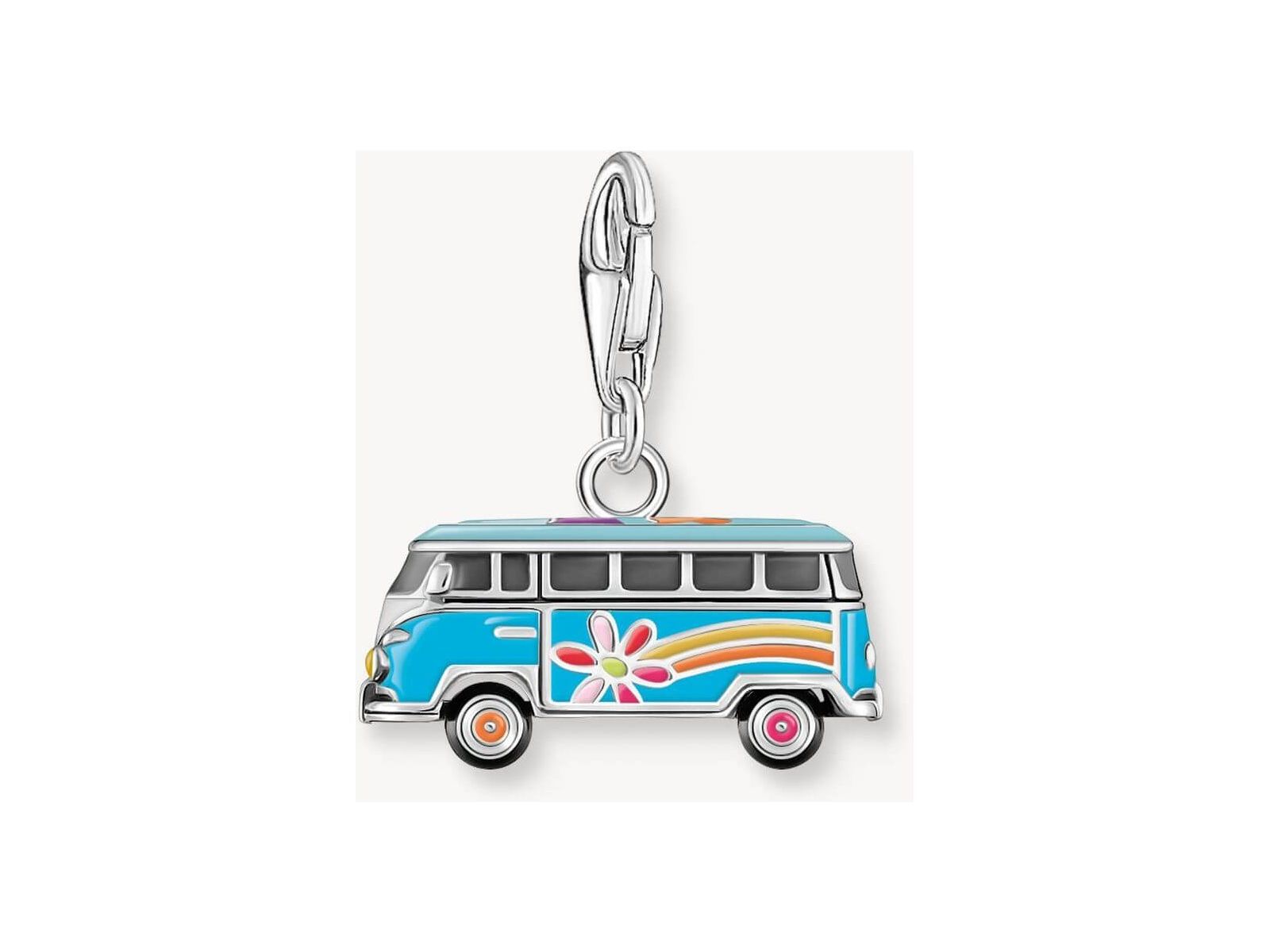 Charm pendentif en argent représentant un bus Volkswagen hippie avec motifs floraux et couleurs vives.