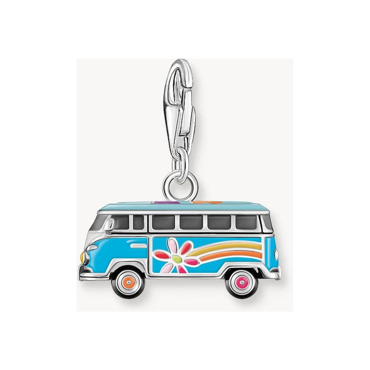 Charm pendentif en argent représentant un bus Volkswagen hippie avec motifs floraux et couleurs vives.