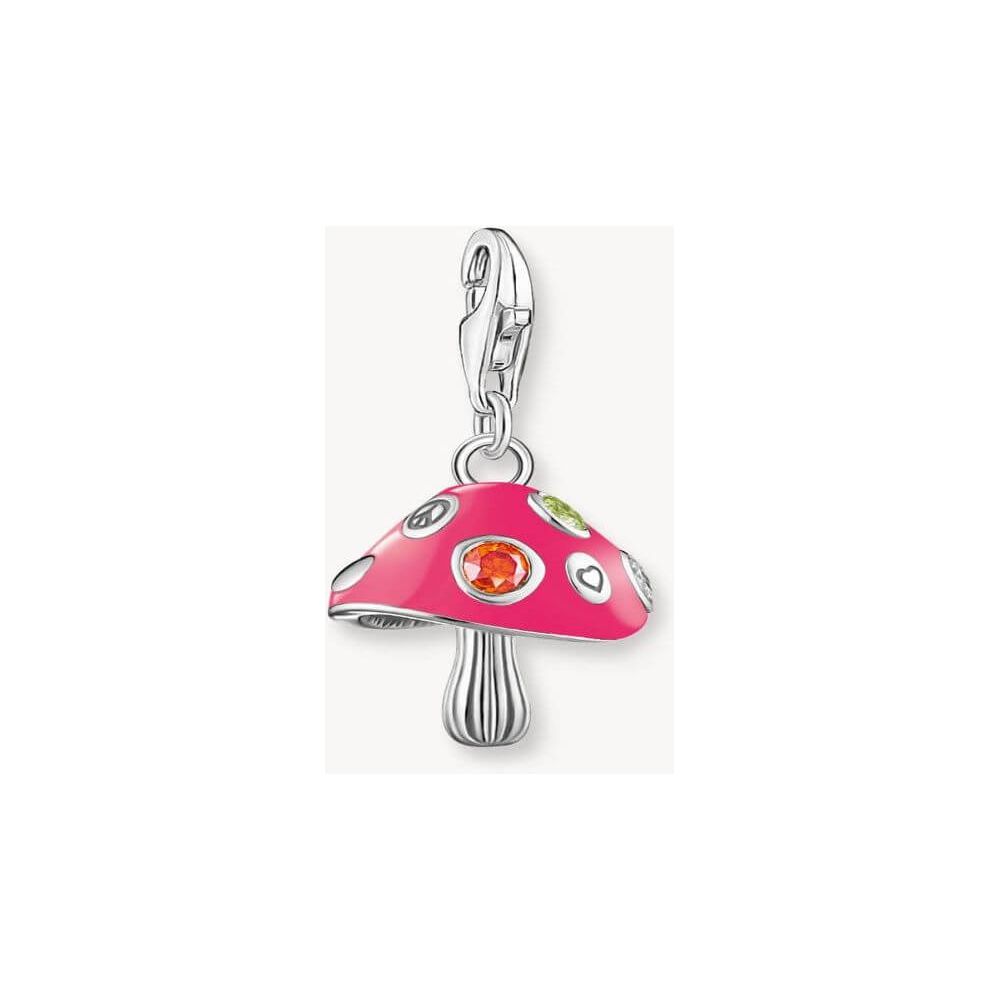 Colorful mushroom pendant in silver, featuring sparkling stones and vibrant pink enamel, perfect for adding flair to jewelry.