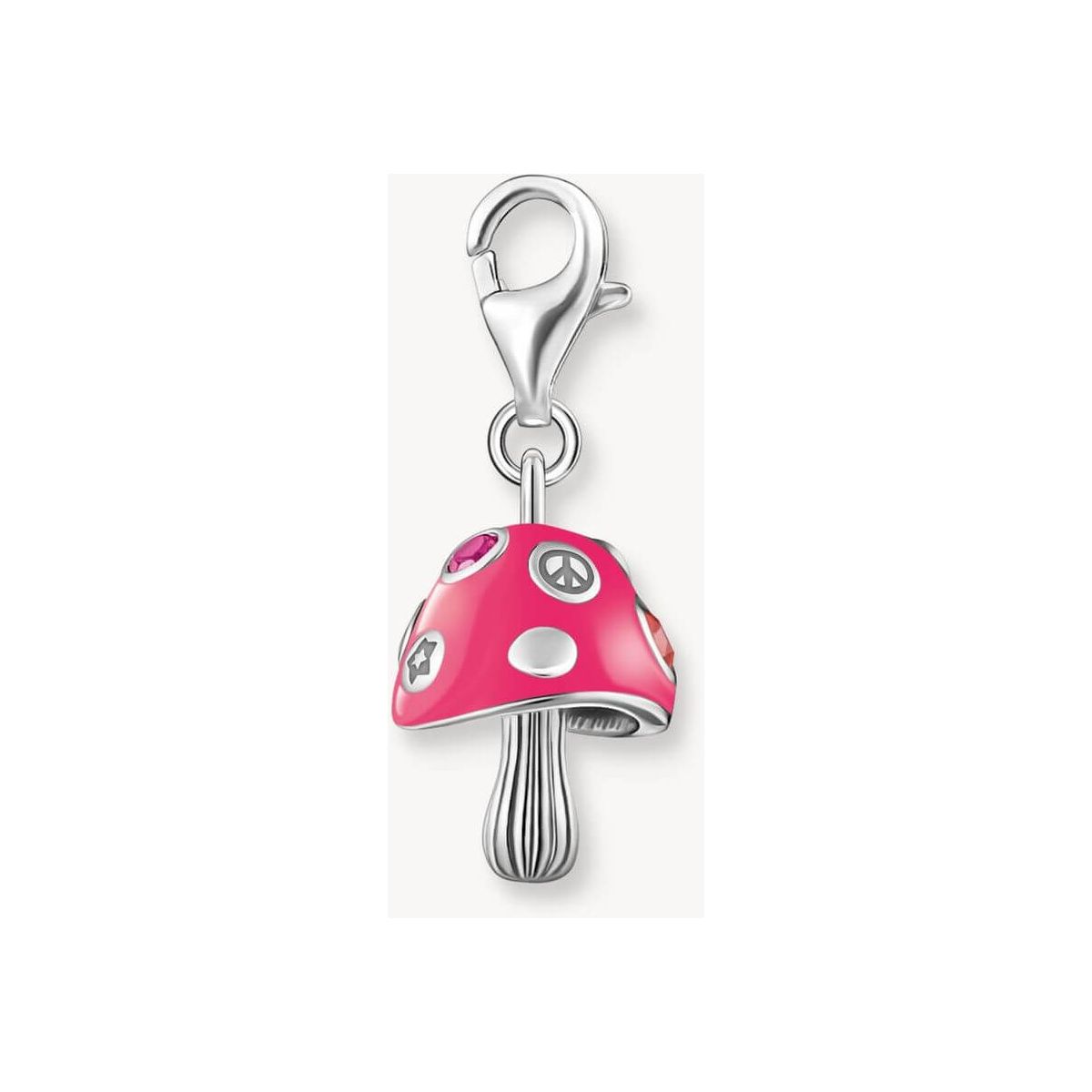 Pendentif champignon coloré en argent recyclé avec émail rose et pierres multicolores, fermoir mousqueton.