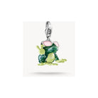 Pendentif charm grenouille en argent avec lunettes, émaillé en rose et vert, signe de paix en forme de cœur.