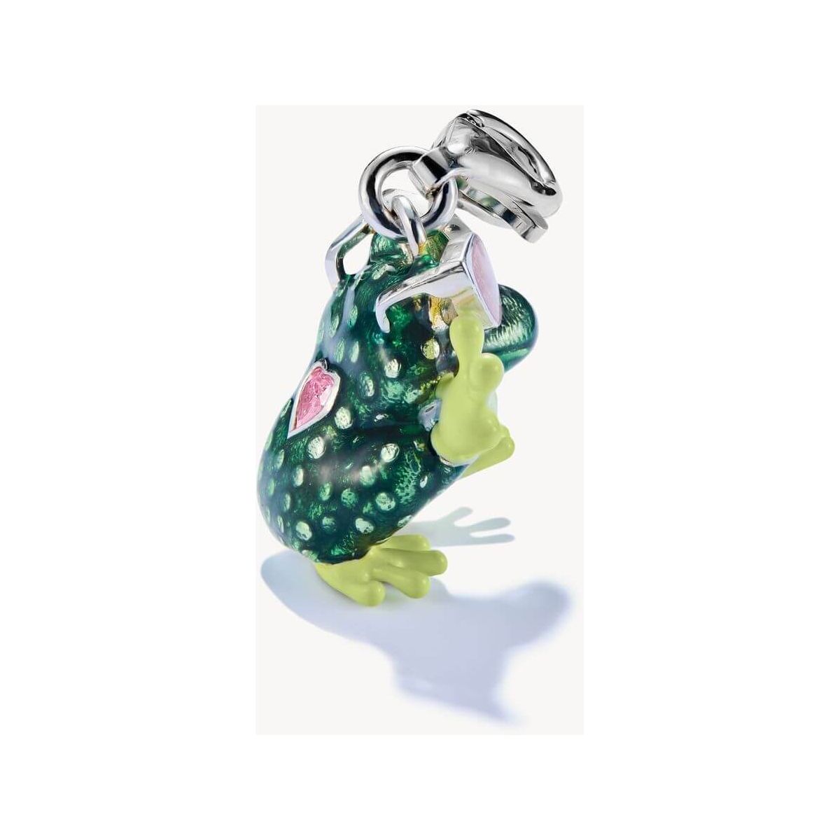 Charm pendant frog in recycled silver with pink and green enamel, sunglasses, and heart-shaped zircon.
