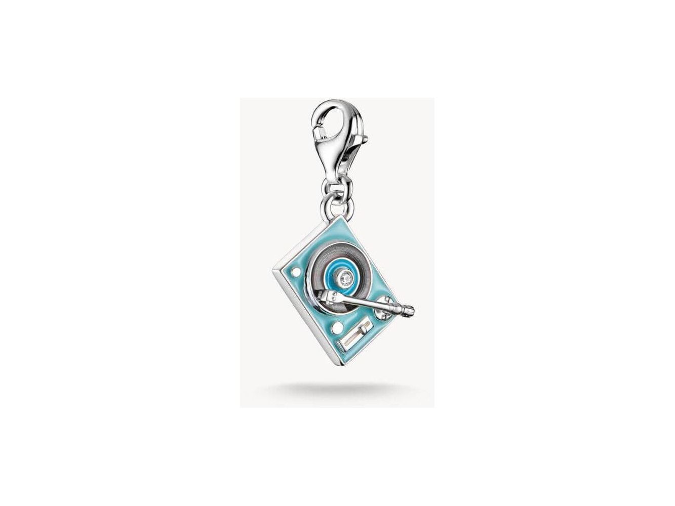 Pendentif charm tourne-disque en argent recyclé avec émail bleu et zircon, parfait pour les amateurs de musique.