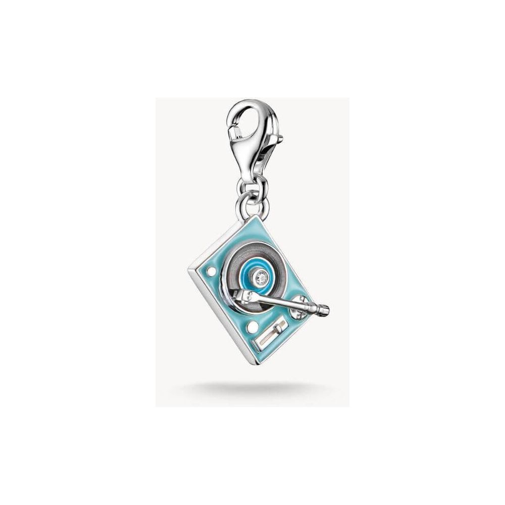 Pendentif charm tourne-disque en argent recyclé avec émail bleu et zircon, parfait pour les amateurs de musique.