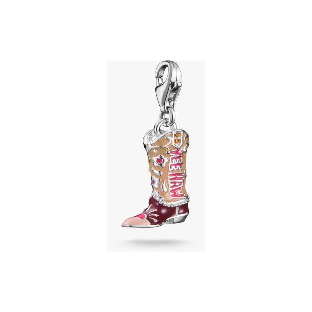 Pendentif charm botte de cowboy en argent recyclé avec empiècements colorés et inscription « Yeehaw ».