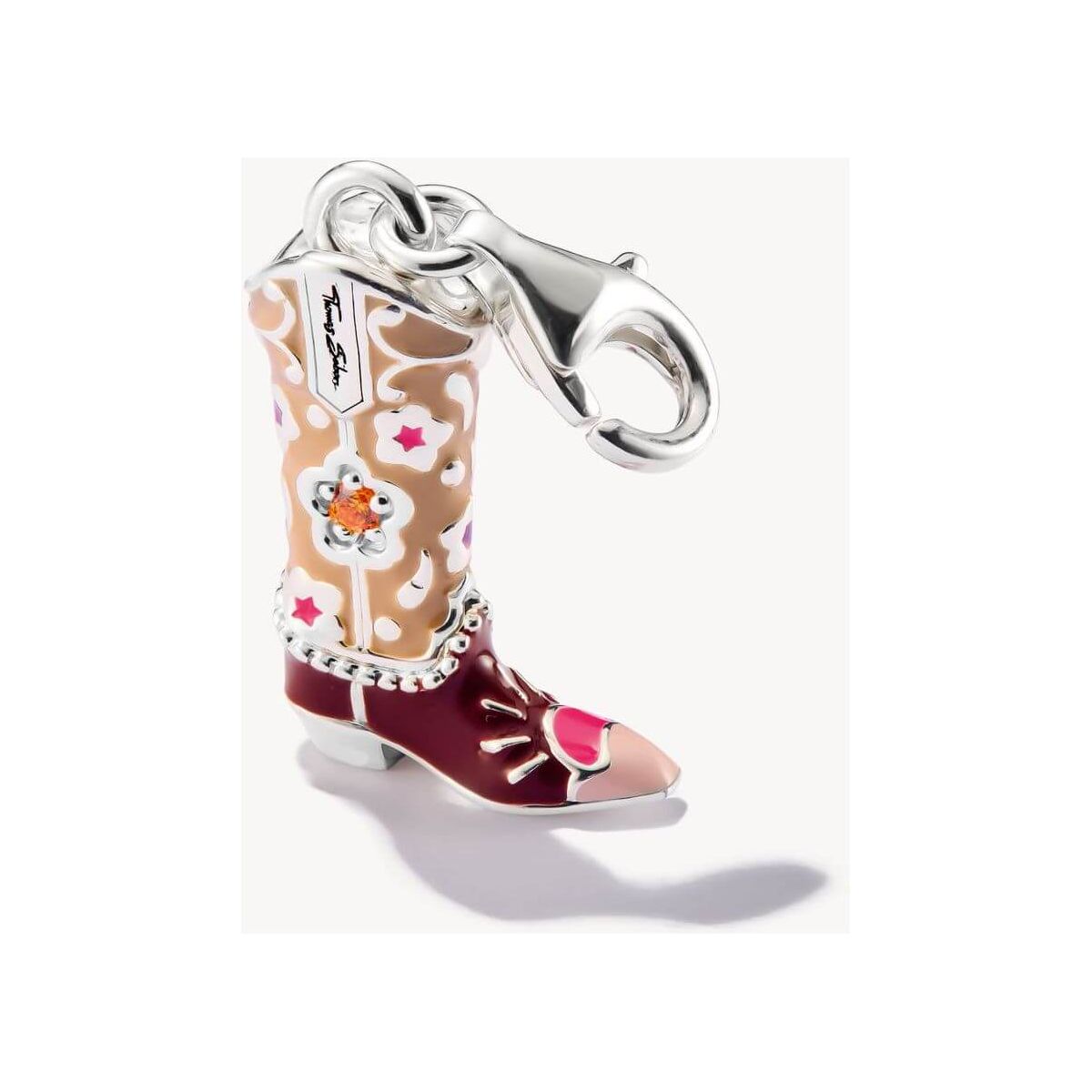Botte de cowboy en argent charm avec émail coloré et détails 3D, pendant pour un look inspiré du Far West.