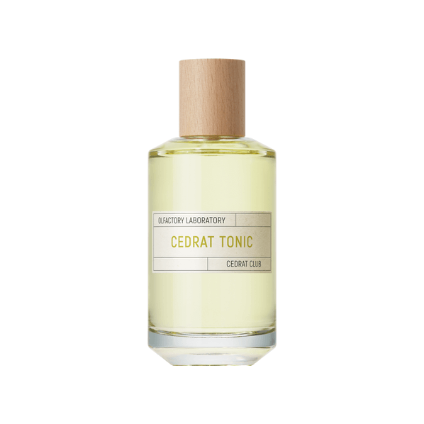 CEDRAT TONIC fragrance bottle by Olfactory Laboratory, featuring a wooden cap and fresh yellow liquid.