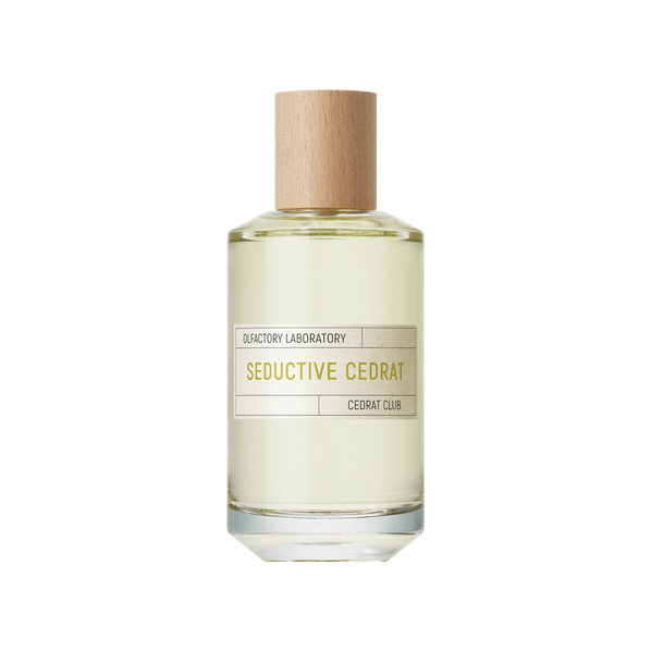 Bottle of Seductive Cedrat perfume by Olfactory Laboratory with a wooden cap, showcasing its elegant and refreshing scent.
