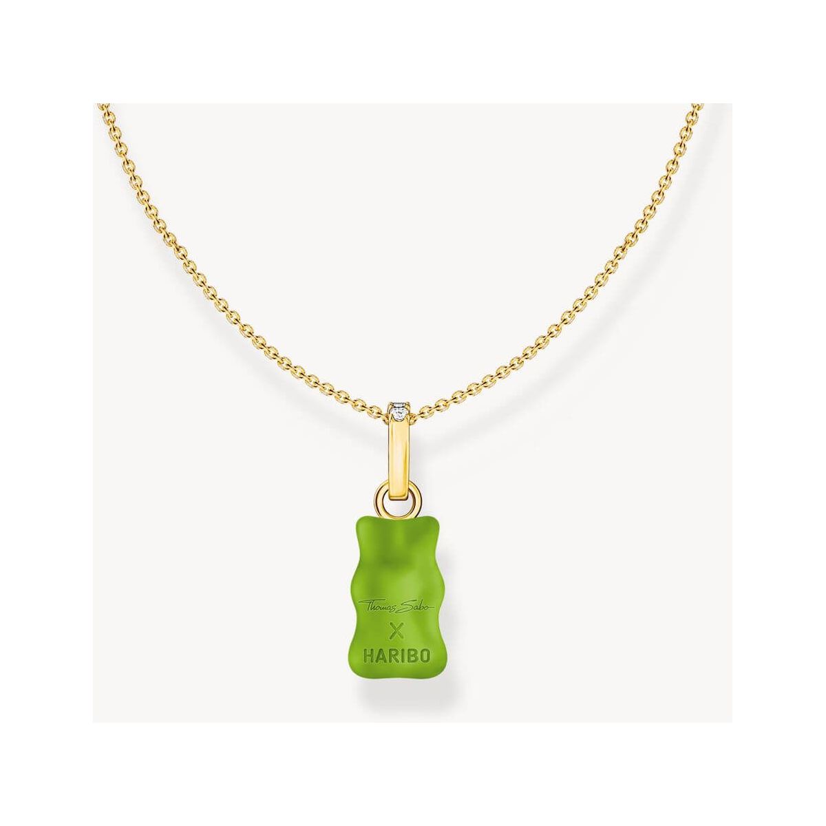 Chaîne dorée avec breloque ours gélifié en cristal vert THOMAS SABO x HARIBO, zircones blanches.