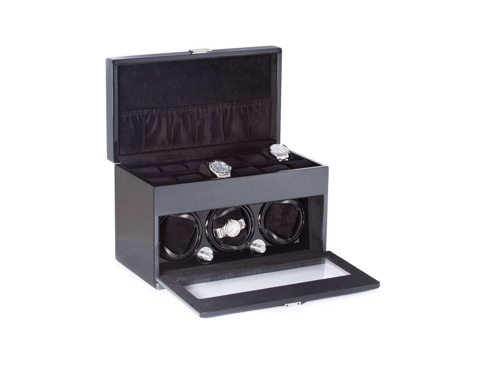 Montre President Winder en acier avec remontoir pour 3 montres et rangement pour 12 montres, finition en fibre de carbone.