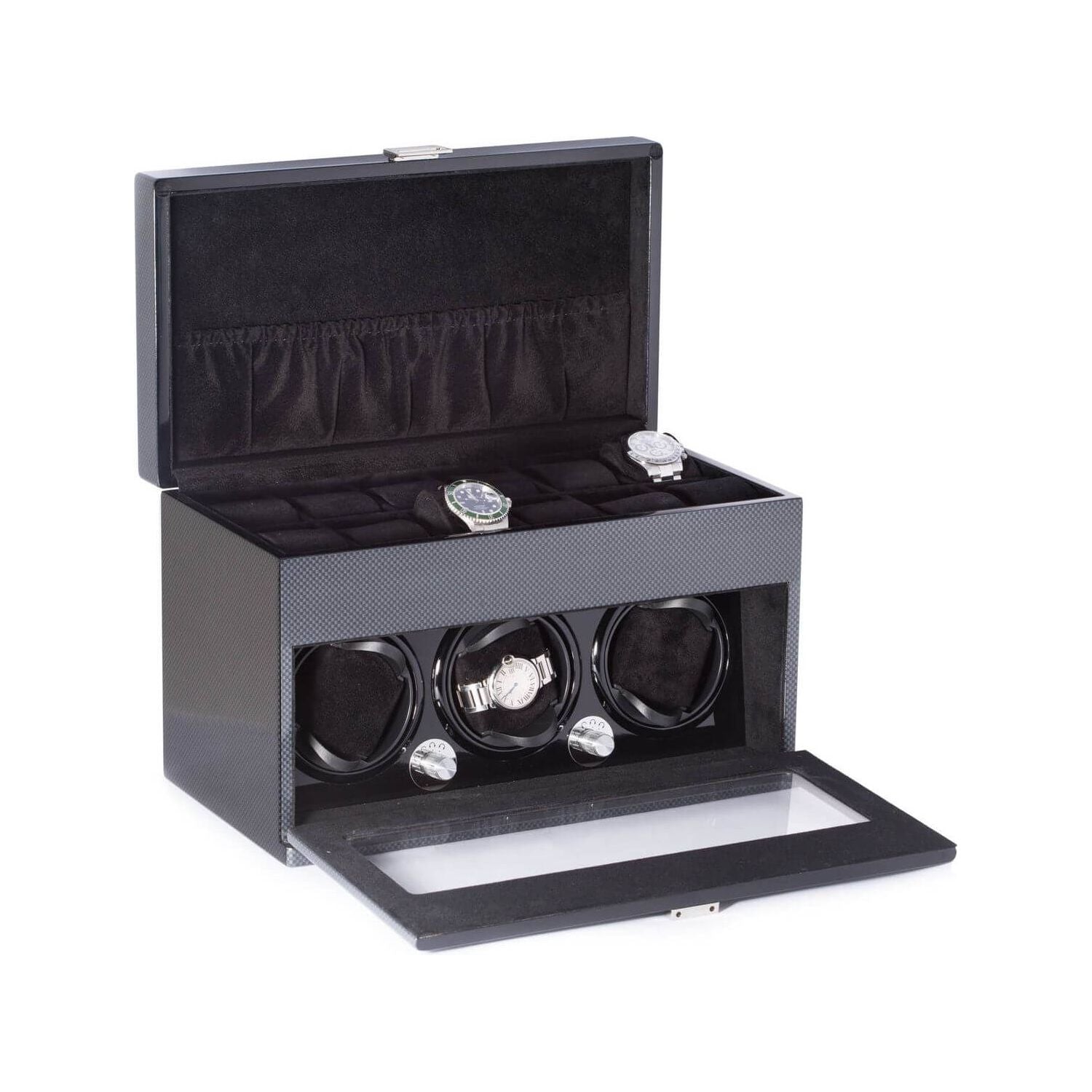 Montre President Winder en acier avec remontoir pour 3 montres et rangement pour 12 montres, finition en fibre de carbone.