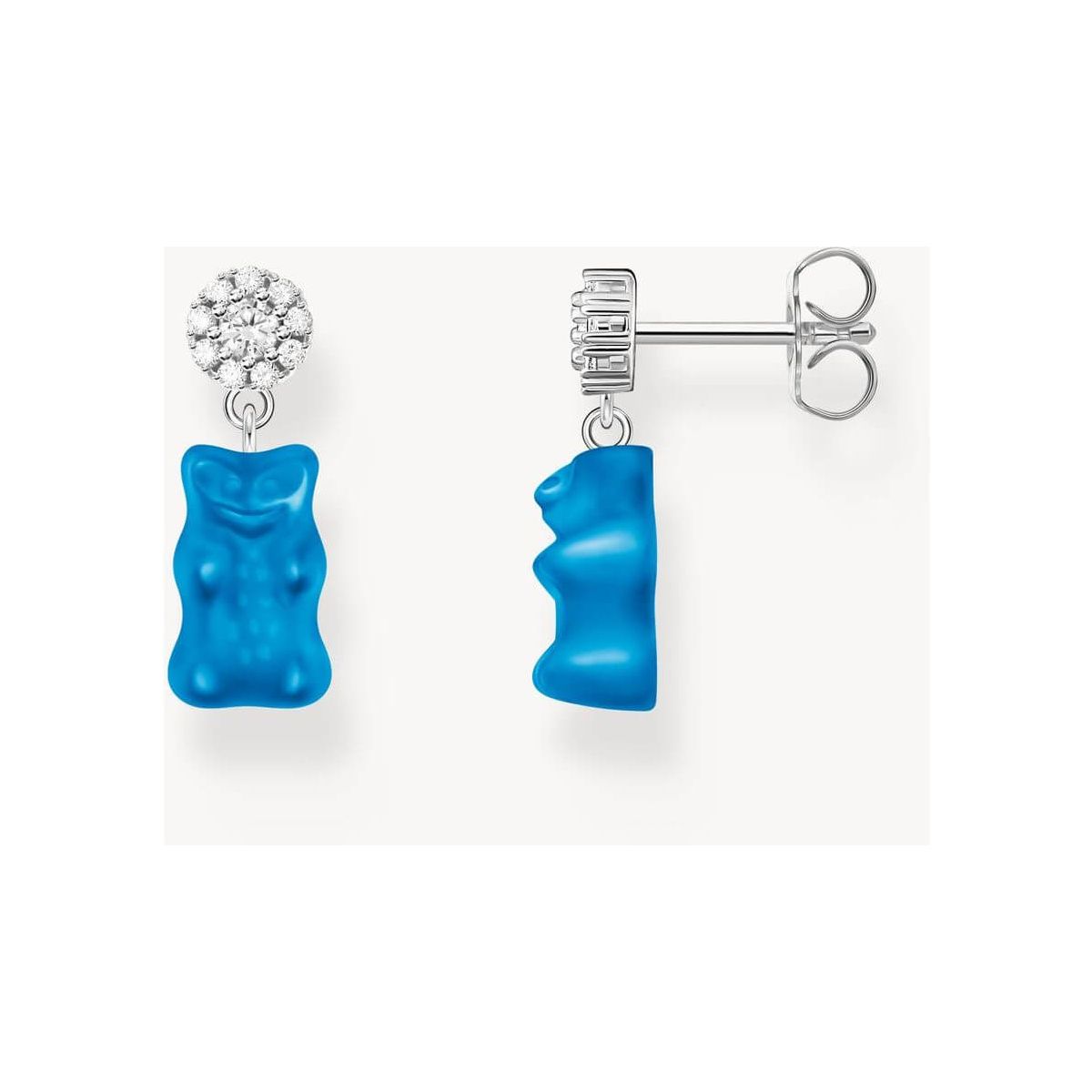 Clous d'oreilles en argent 925 recyclé avec pendentifs oursons en gomme bleus et zircons blancs.