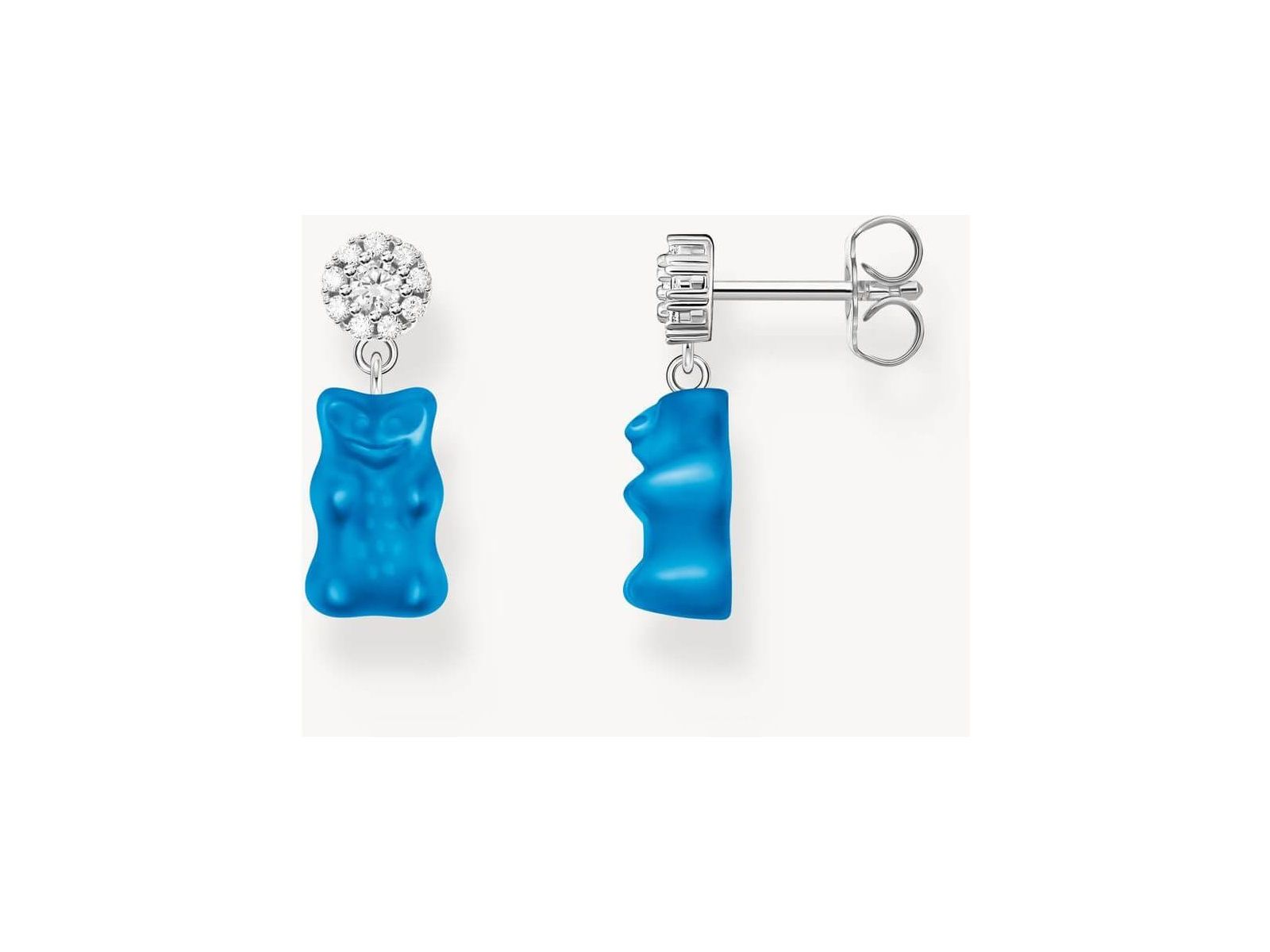 Clous d'oreilles en argent 925 recyclé avec pendentifs oursons en gomme bleus et zircons blancs.