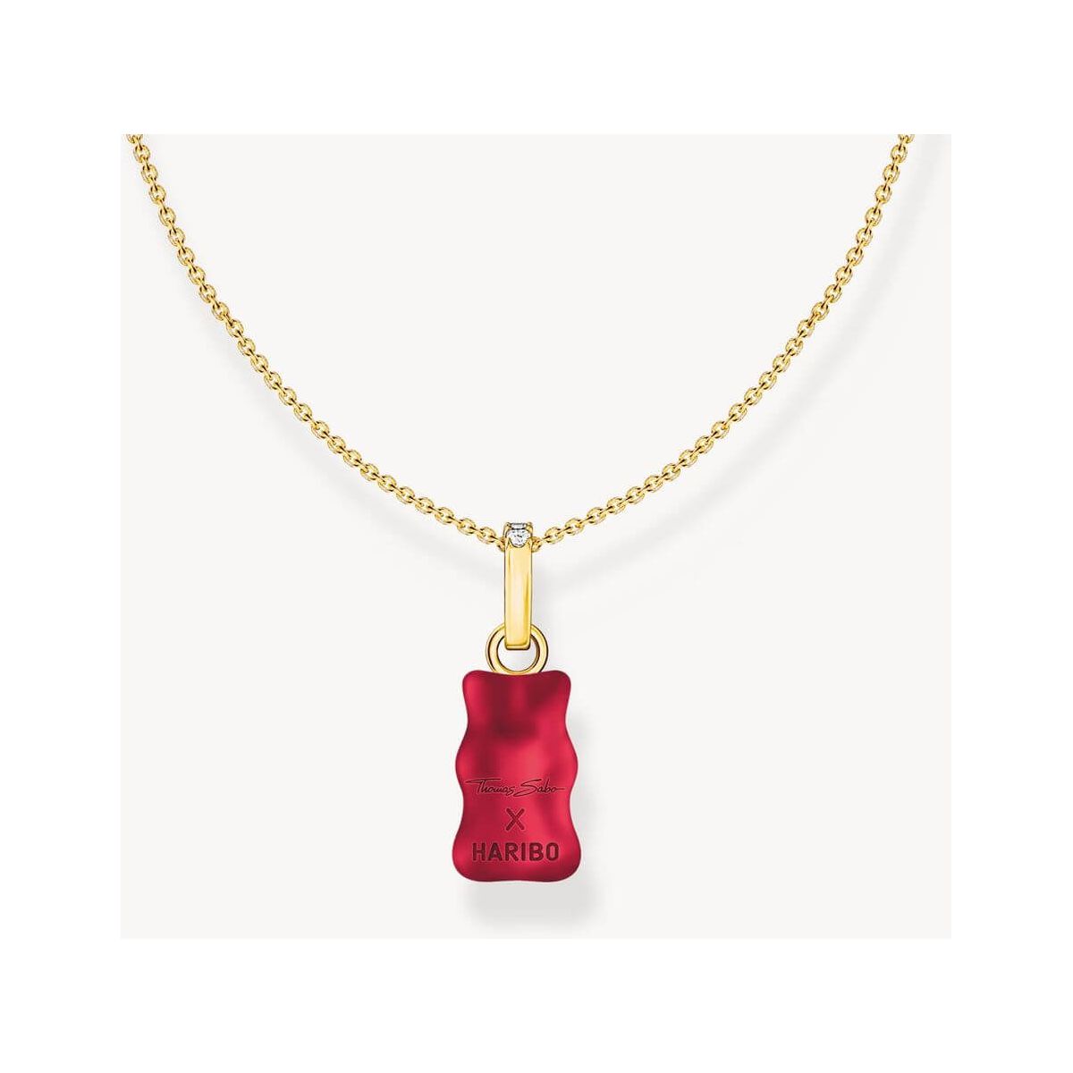 Chaîne en or avec breloque en forme d'ours gélifié HARIBO rouge, sertie d'un zircon blanc.