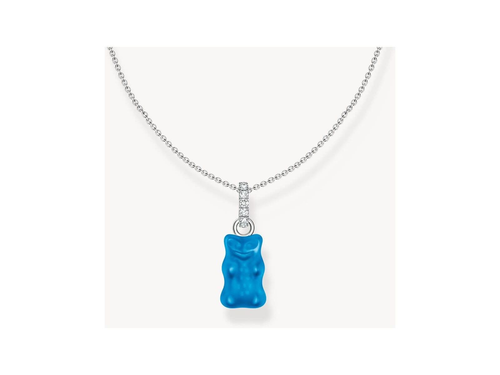 Chaîne à breloque argent avec pendentif ours bleu en cristal et détails en zircones blanches, ajustable 40-45 cm.