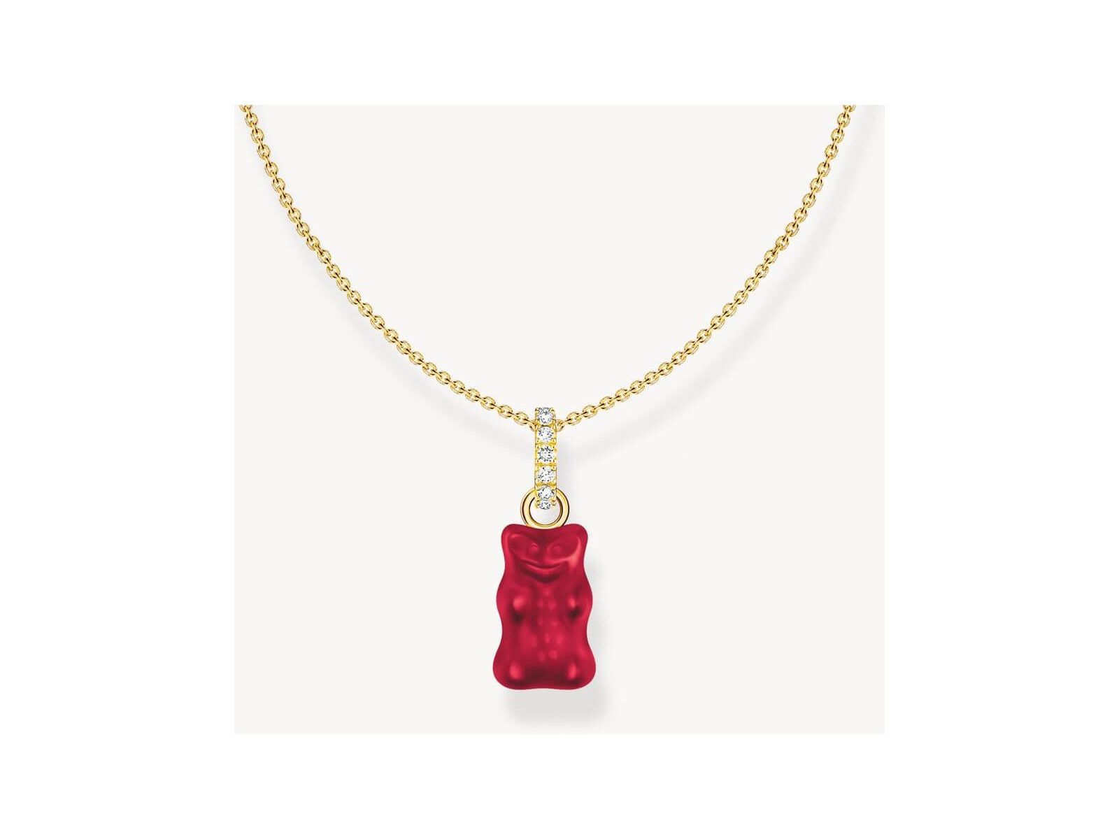 Chaîne dorée avec breloque ours gélifié rouge et zircones blanches, style THOMAS SABO x HARIBO.