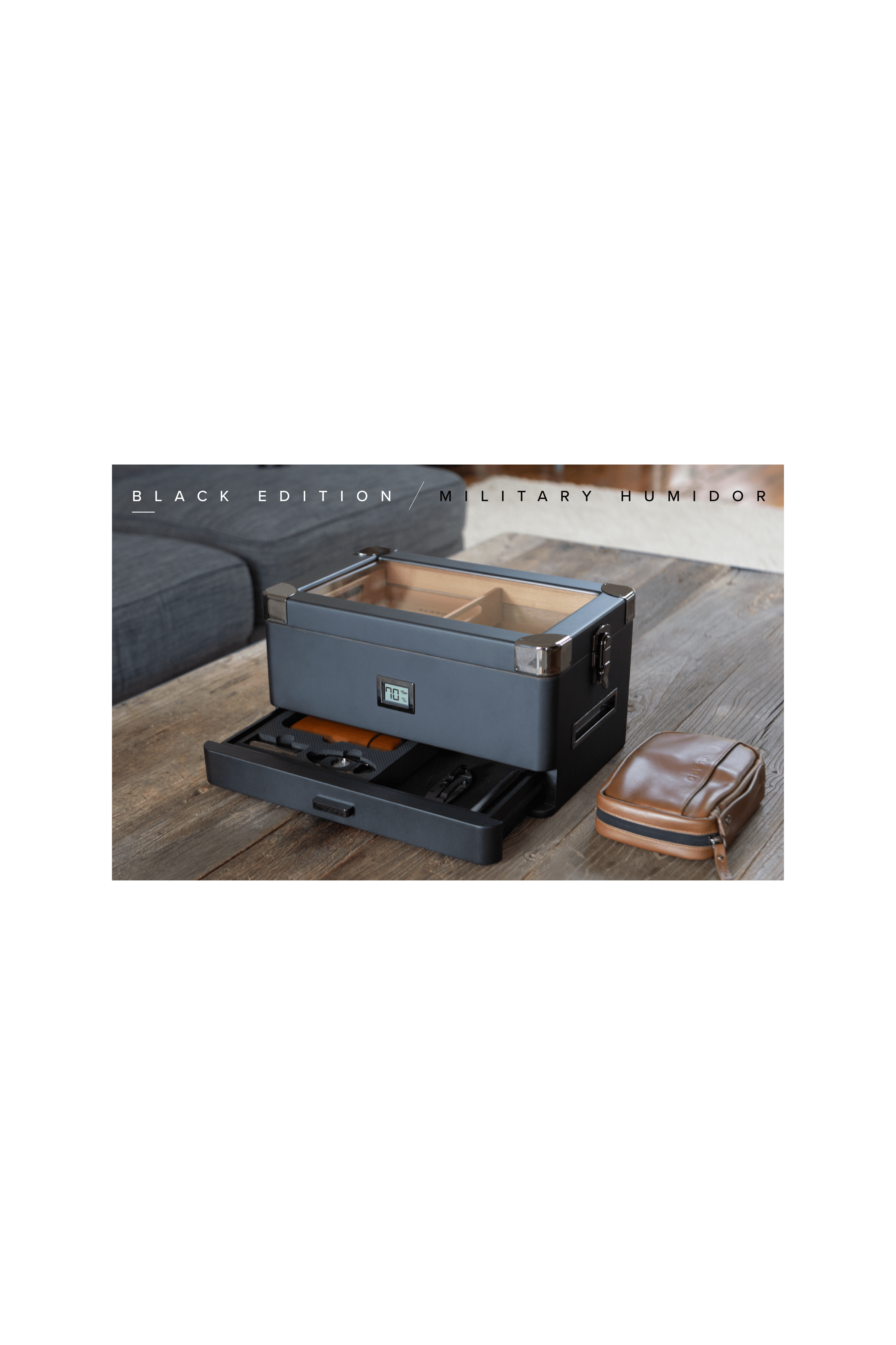 Black Edition Military Humidor with unique matte finish and cedar interior, perfect for cigar storage and maintenance.