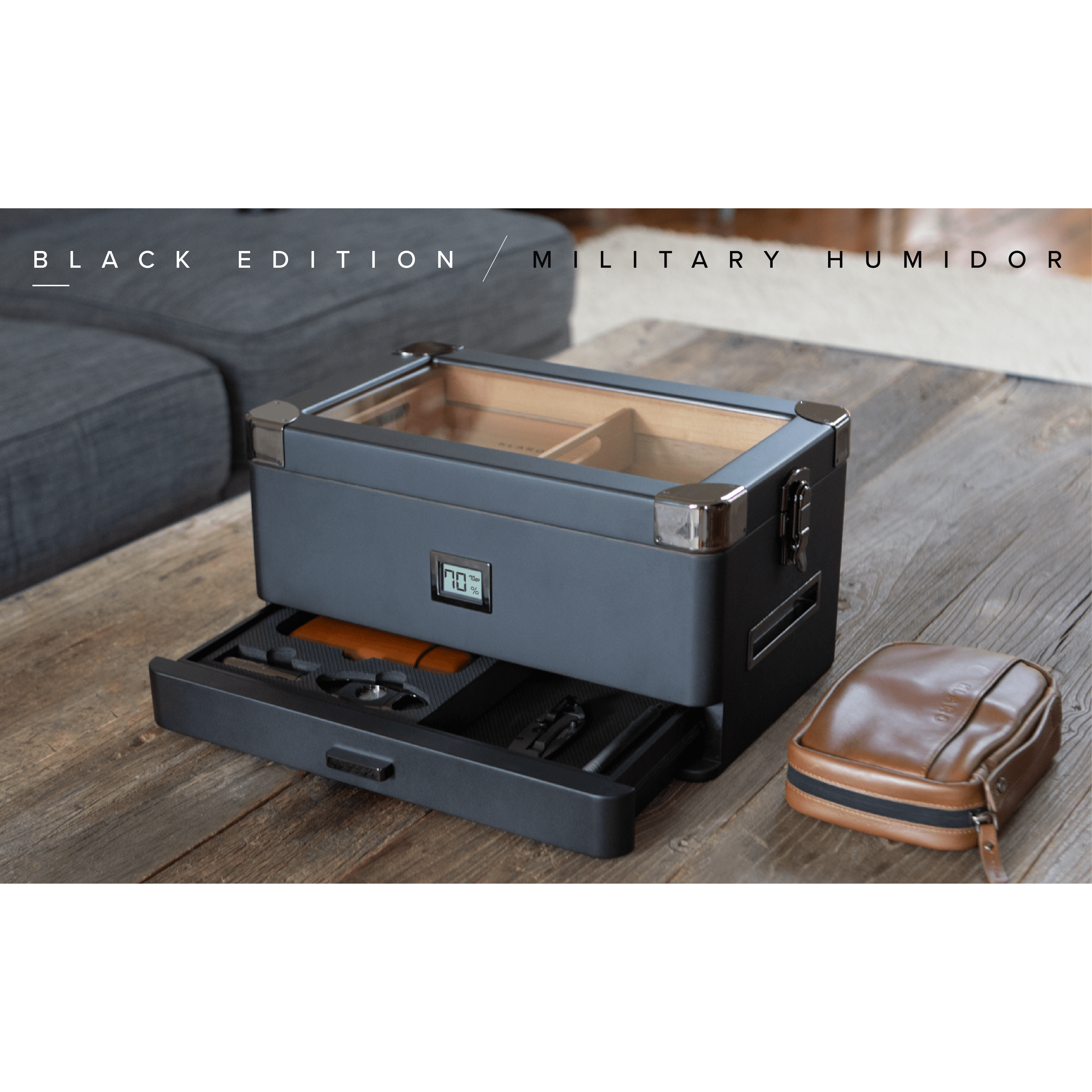 Black Edition Military Humidor with unique matte finish and cedar interior, perfect for cigar storage and maintenance.