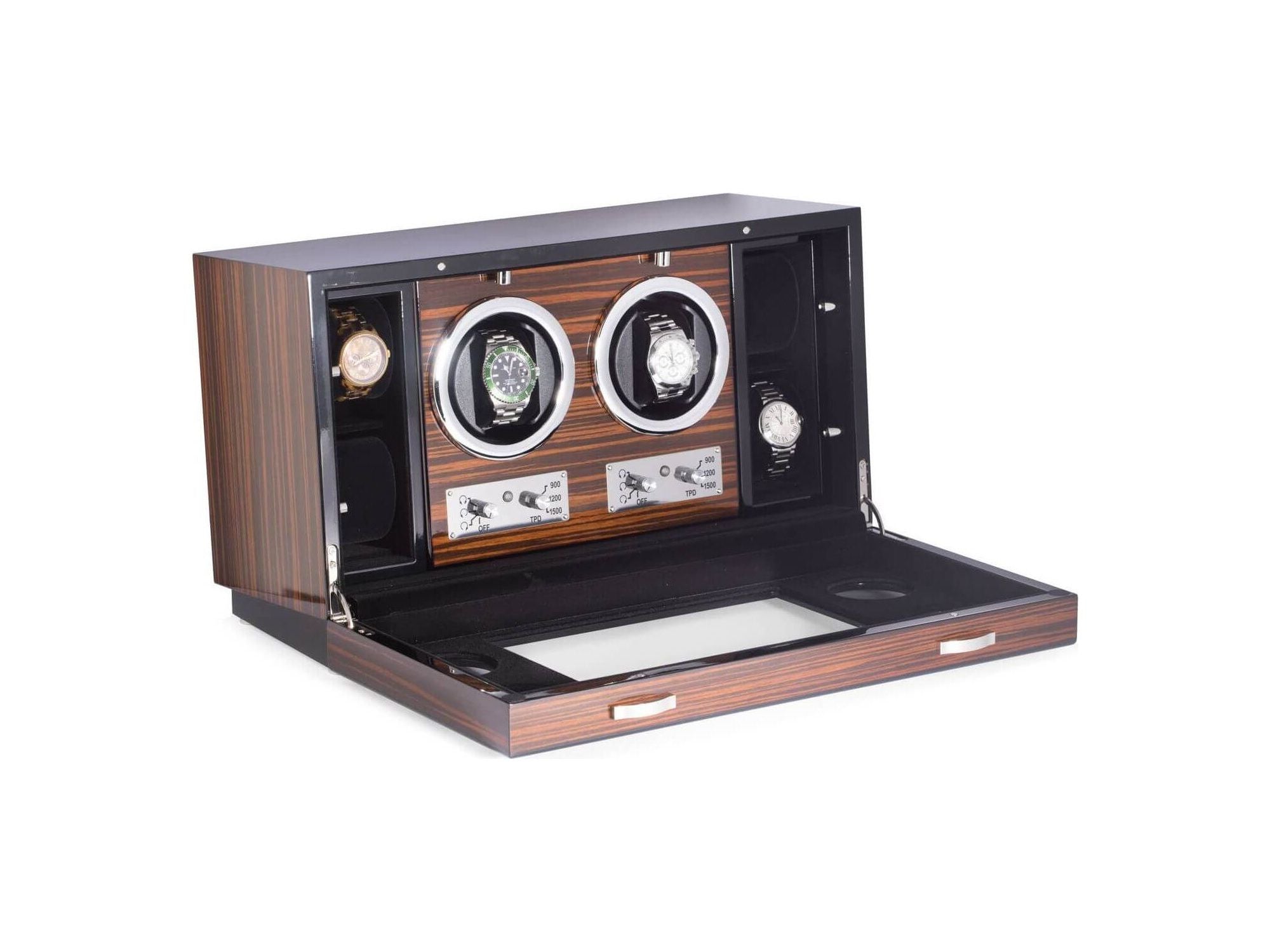 Remontoir 'CEO' en ébène pour 2 montres avec espace de rangement pour 4, finition élégante et fonctionnalités avancées.