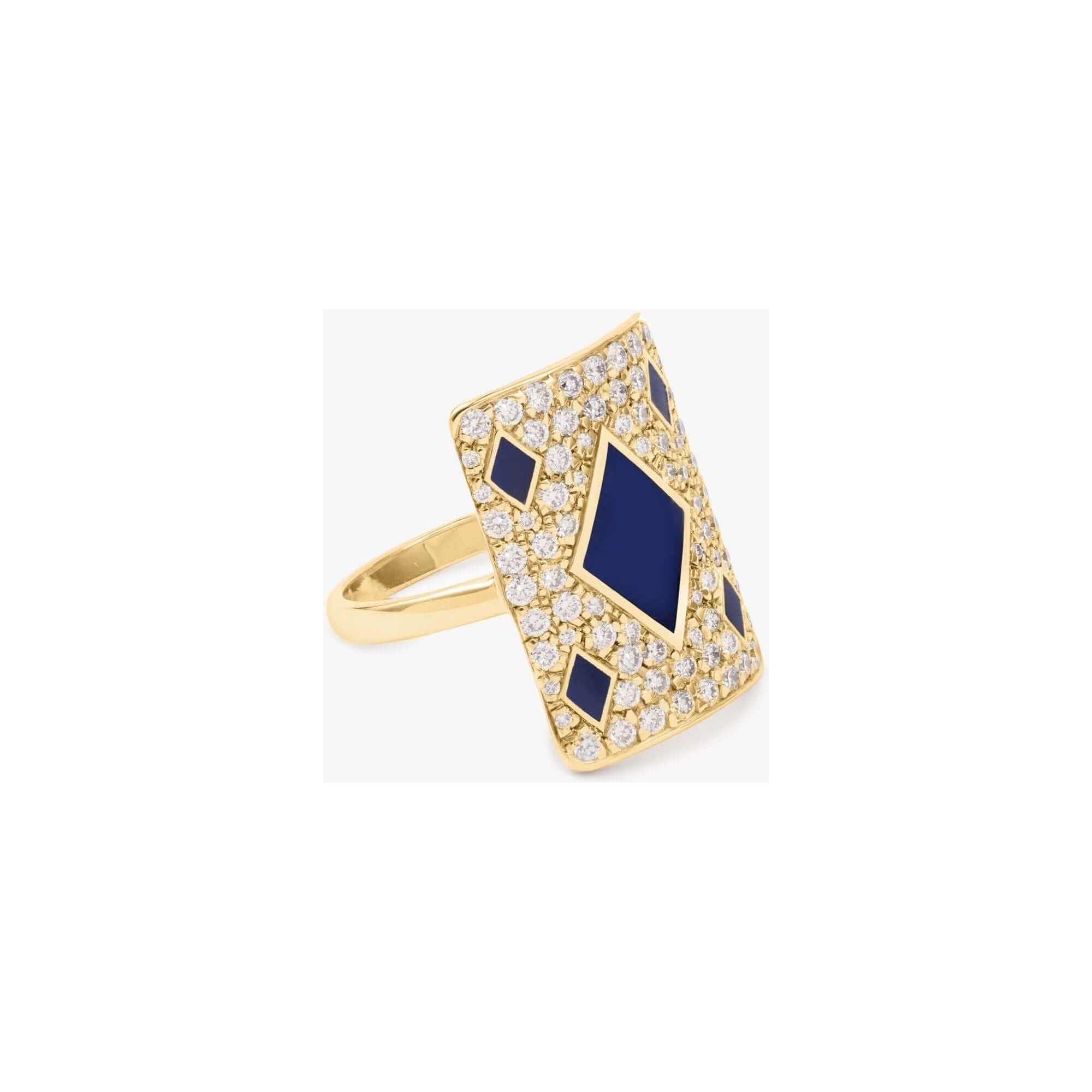 Bague blue honneur or jaune avec diamants, design élégant et flamboyant, pierres précieuses brillantes.