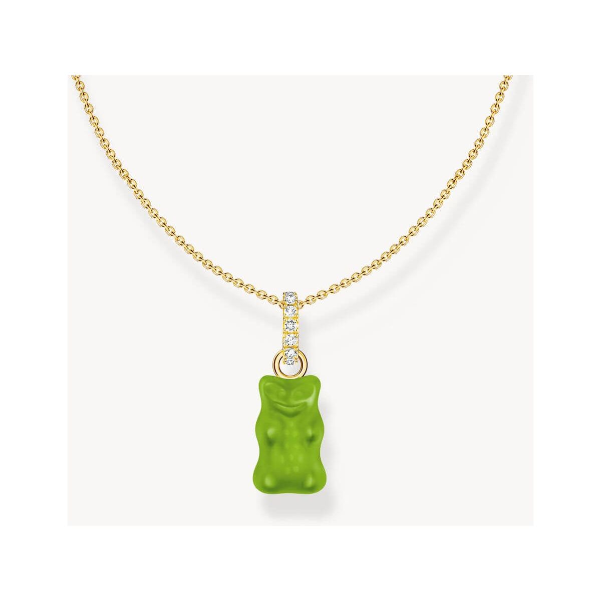 Chaîne dorée avec breloque ours gélifié vert et zircones blanches, ajustable de 40 à 45 cm.