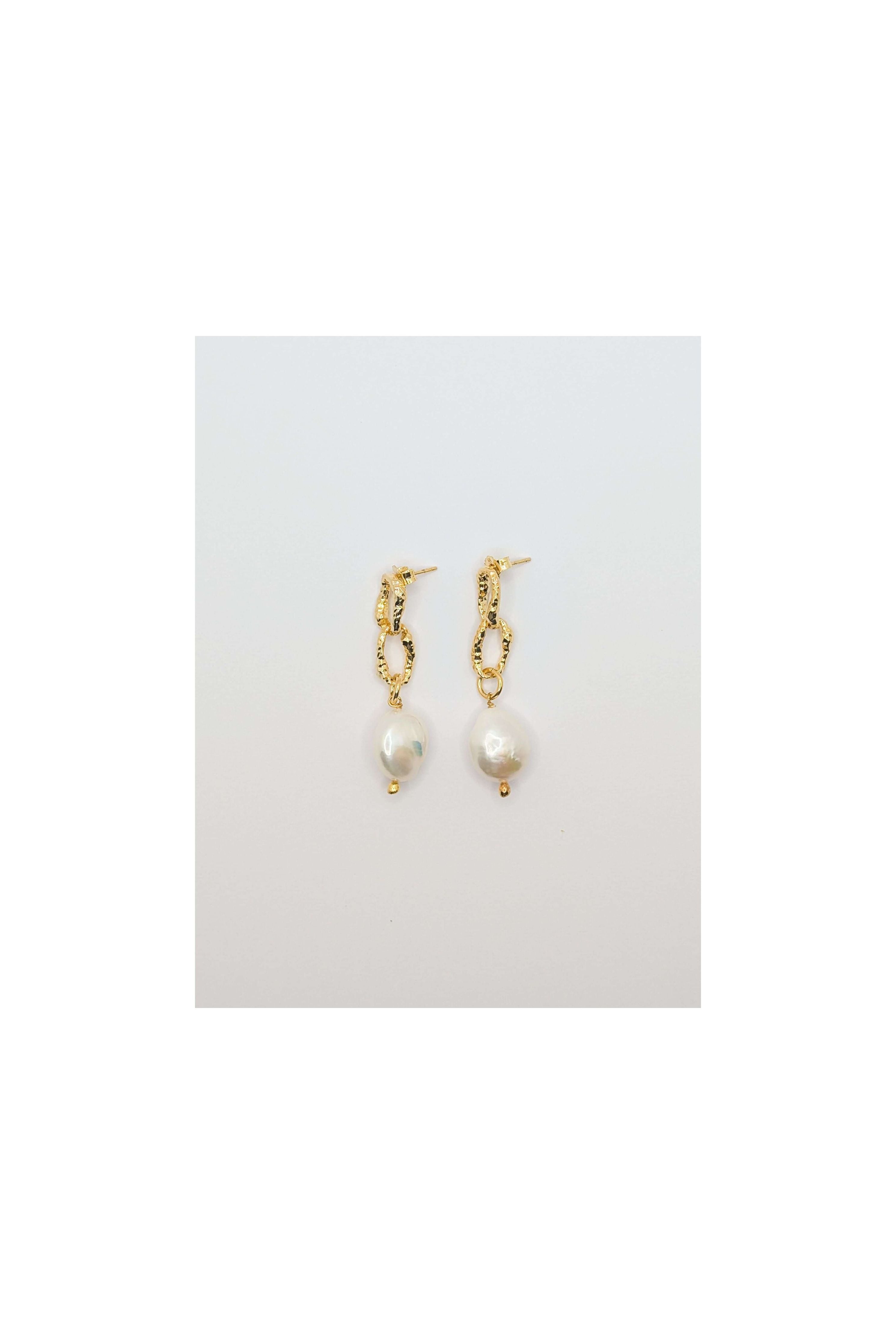 Gold Sandy Textured Chunky Chain Pearl Drop Earrings