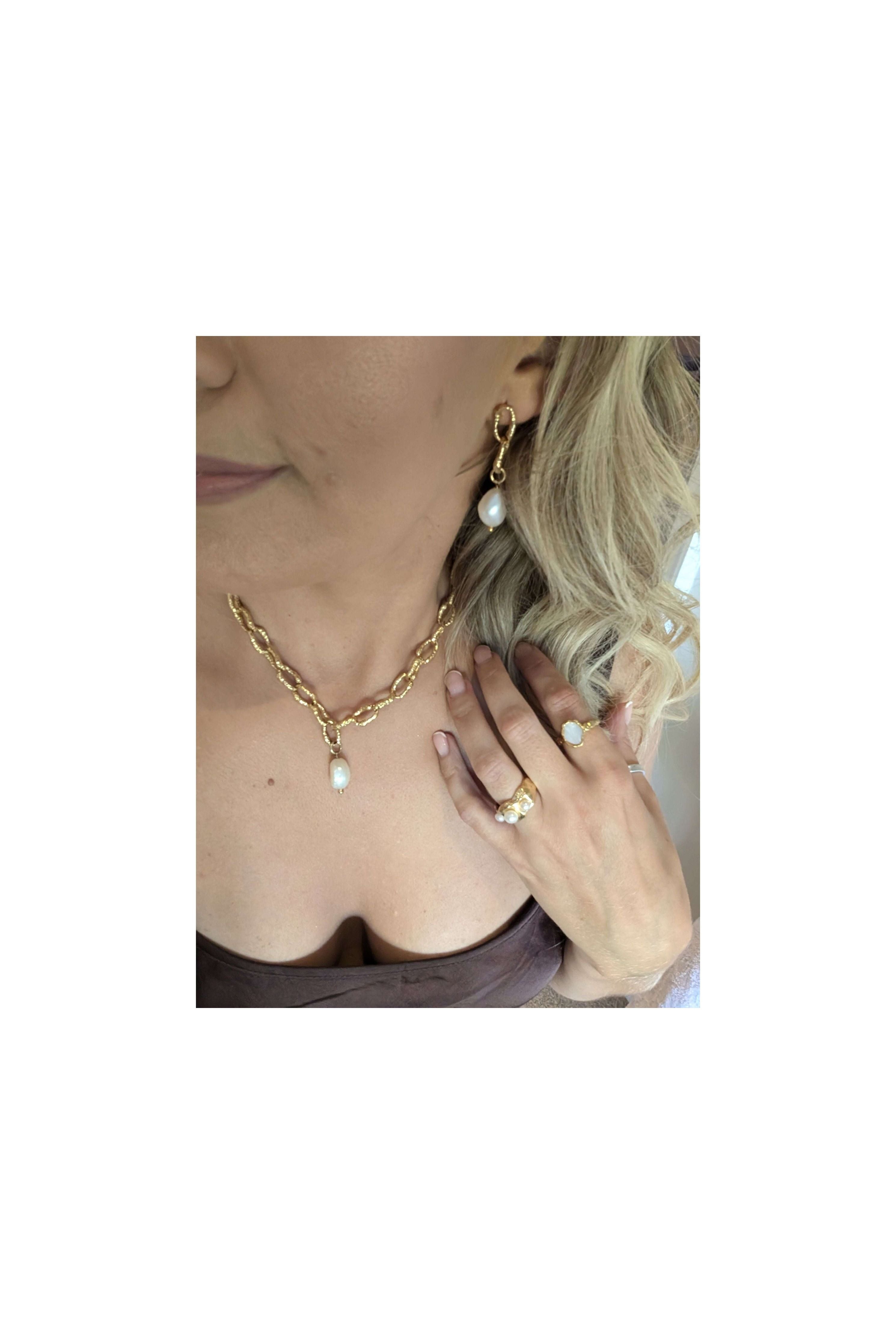 Gold Sandy Textured Chunky Chain Pearl Drop Earrings