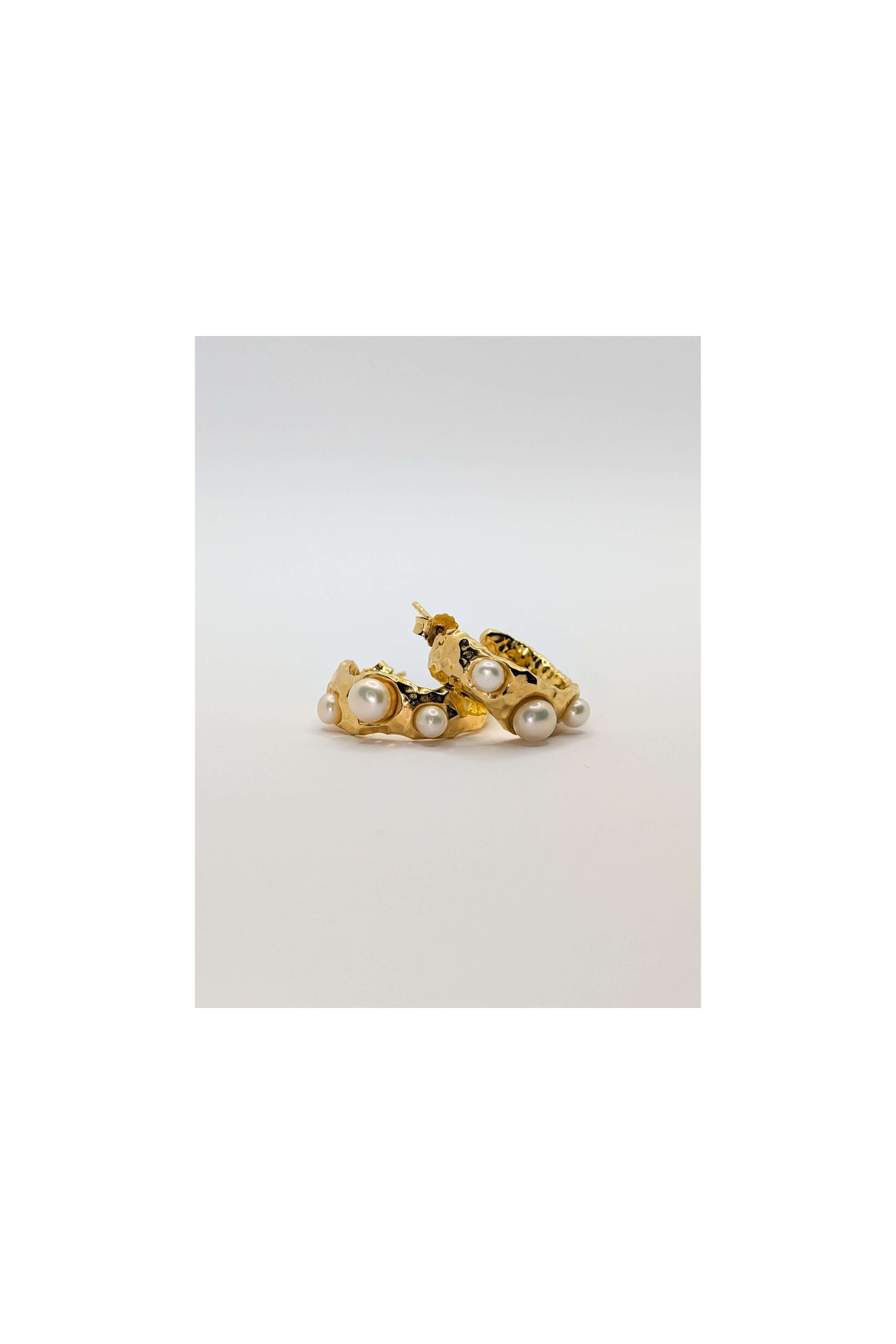 Gold Coral Textured Pearl Chunky Hoop Earrings