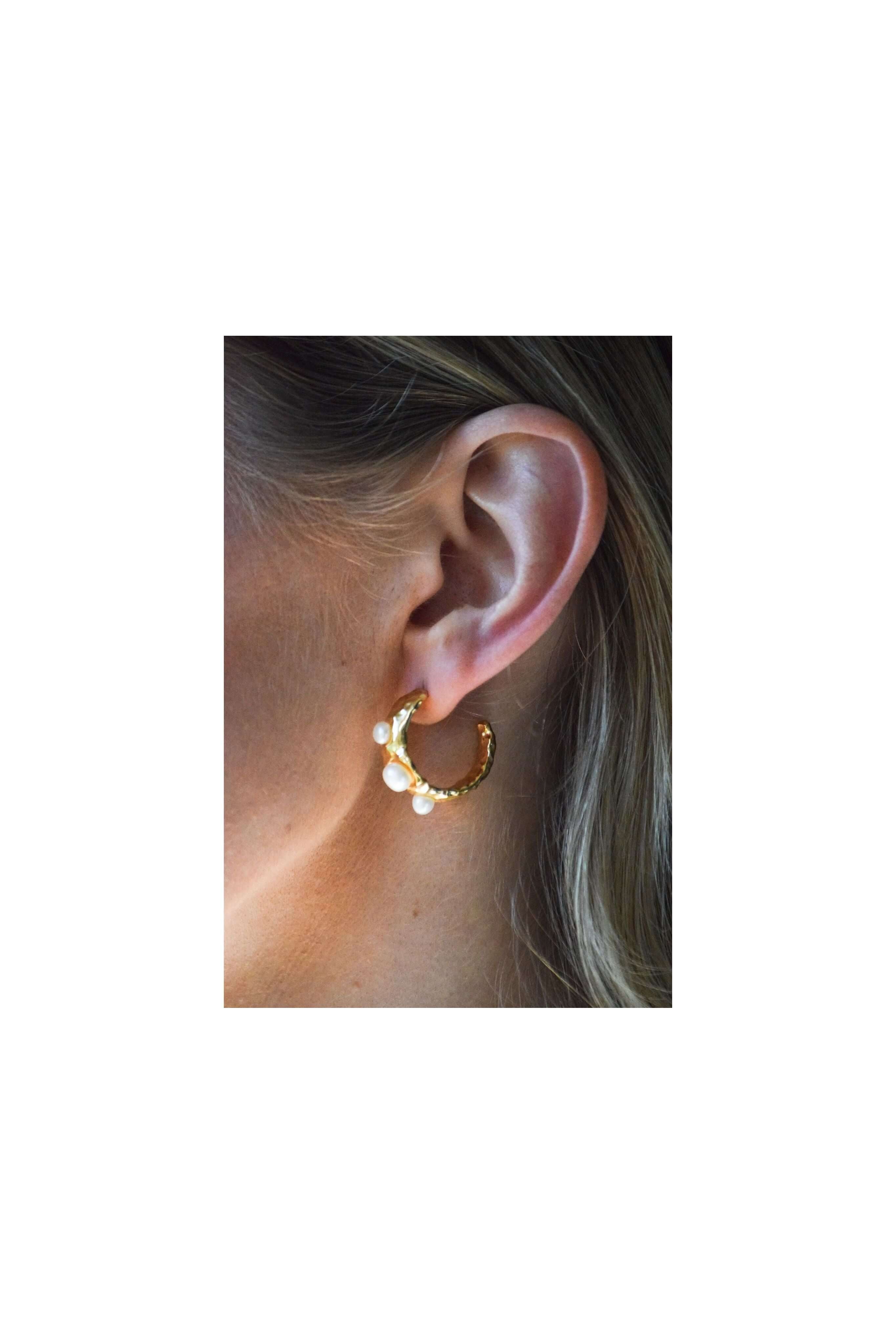 Gold Coral Textured Pearl Chunky Hoop Earrings