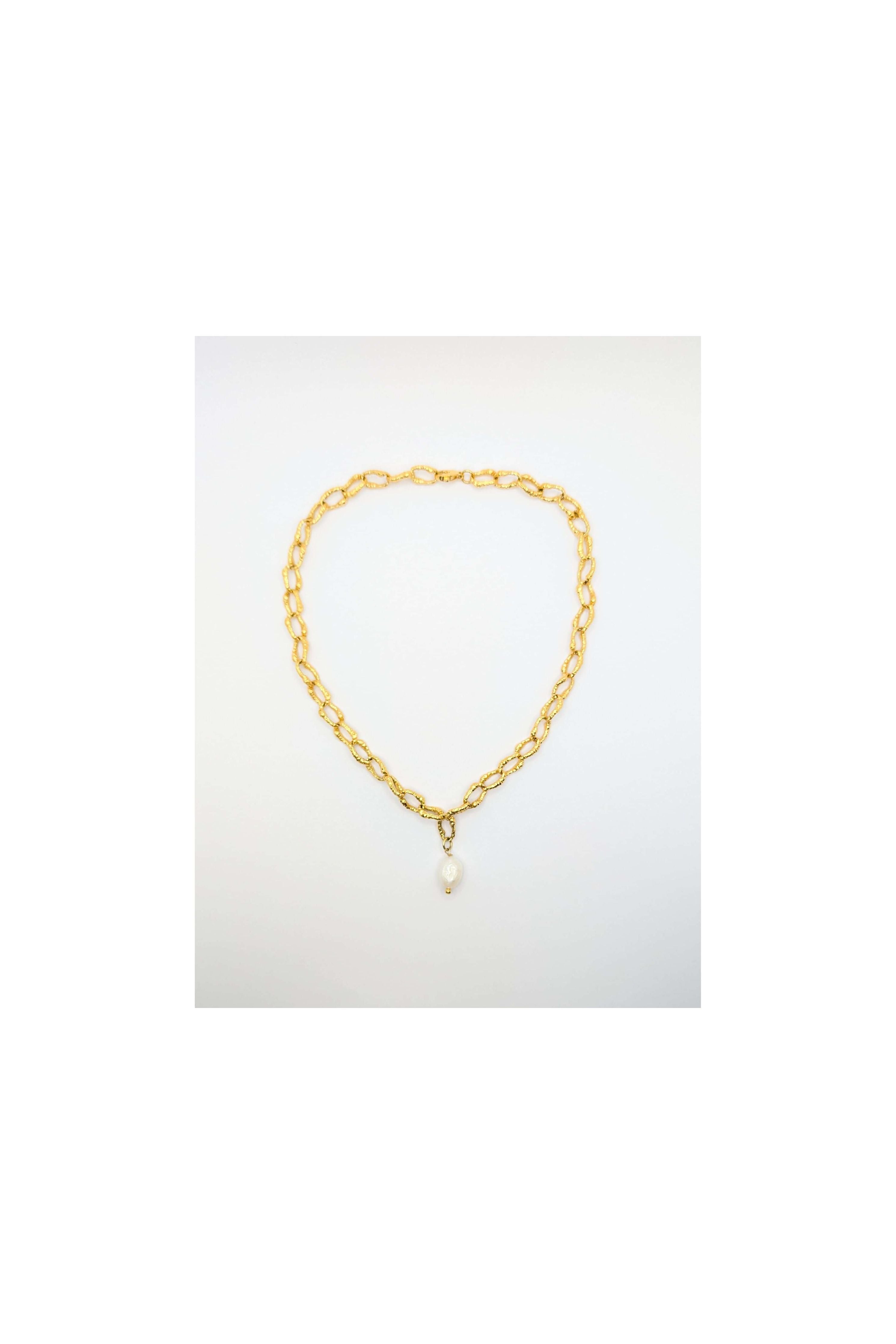 Gold Sandy Textured Chunky Chain Pearl Pendant Necklace