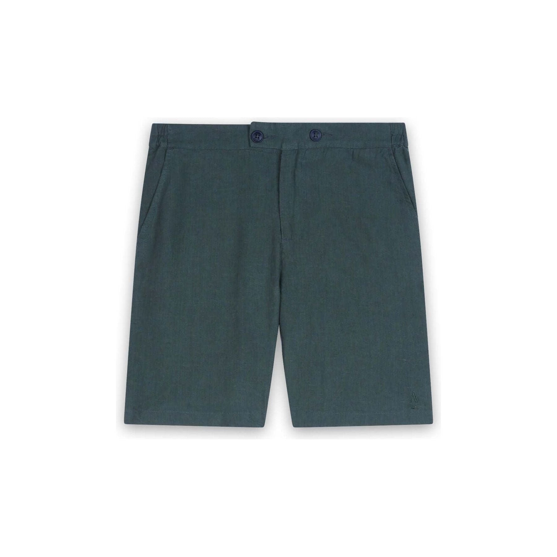 Bermuda lin Balsam - stylish green linen shorts with two buttons and pockets for comfortable summer wear.