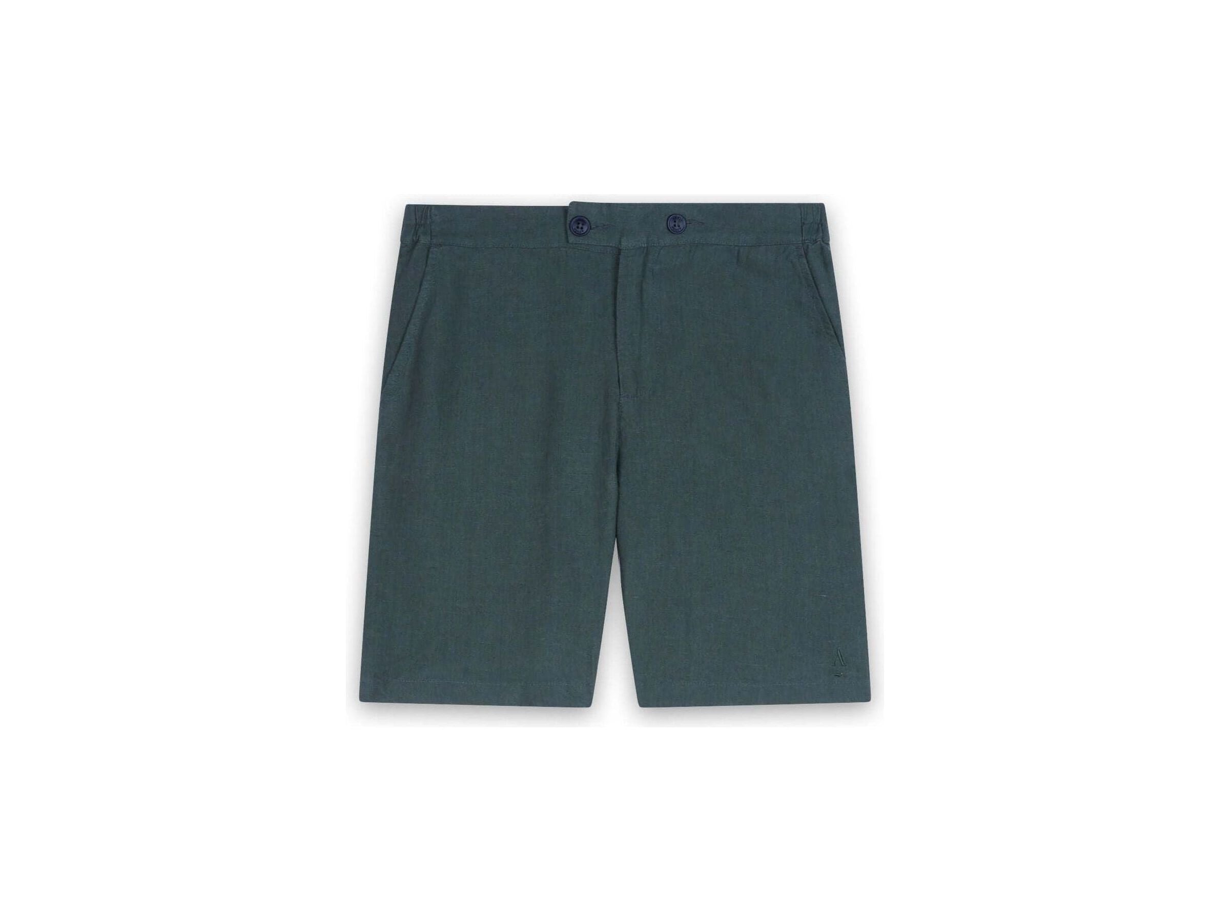 Bermuda lin Balsam - stylish green linen shorts with two buttons and pockets for comfortable summer wear.