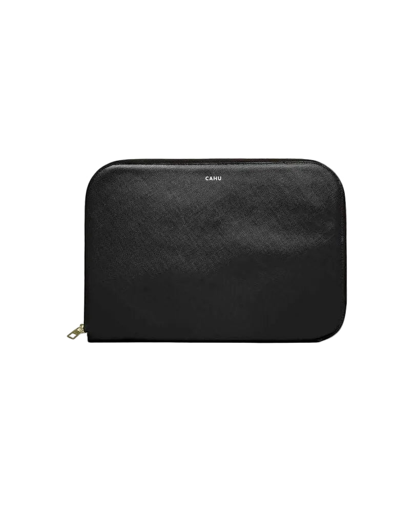 La Pochette Claude: sleek black laptop sleeve with golden zipper, made from durable, waterproof PVC, features cotton lining.
