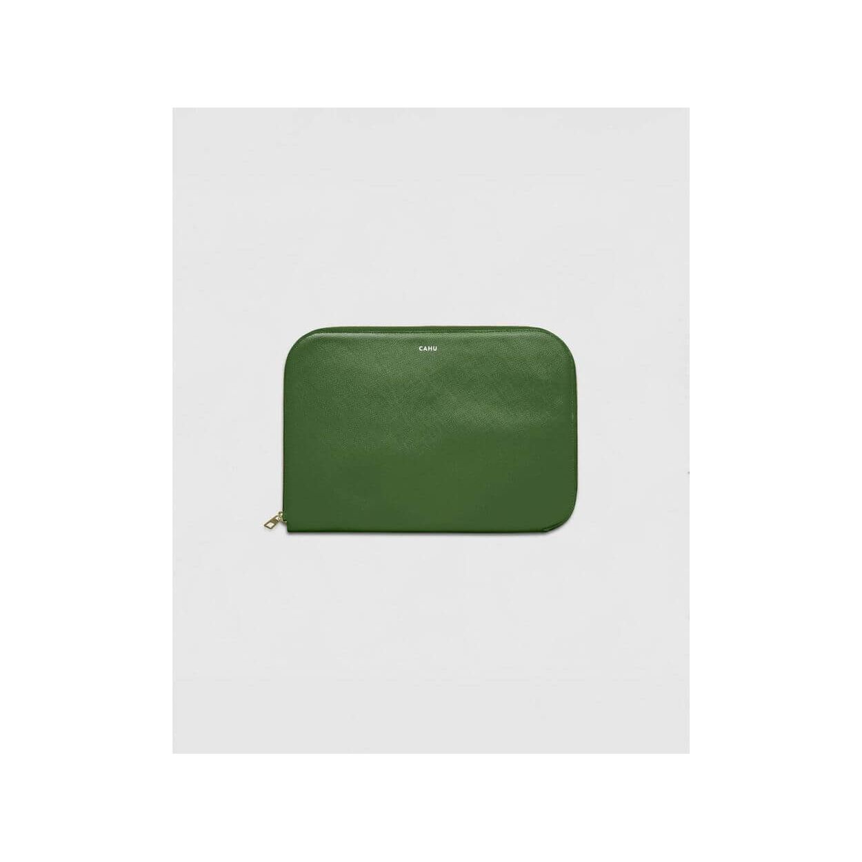 Dark green computer pouch by CAHU with a sleek design and golden zipper, perfect for 13-inch devices.