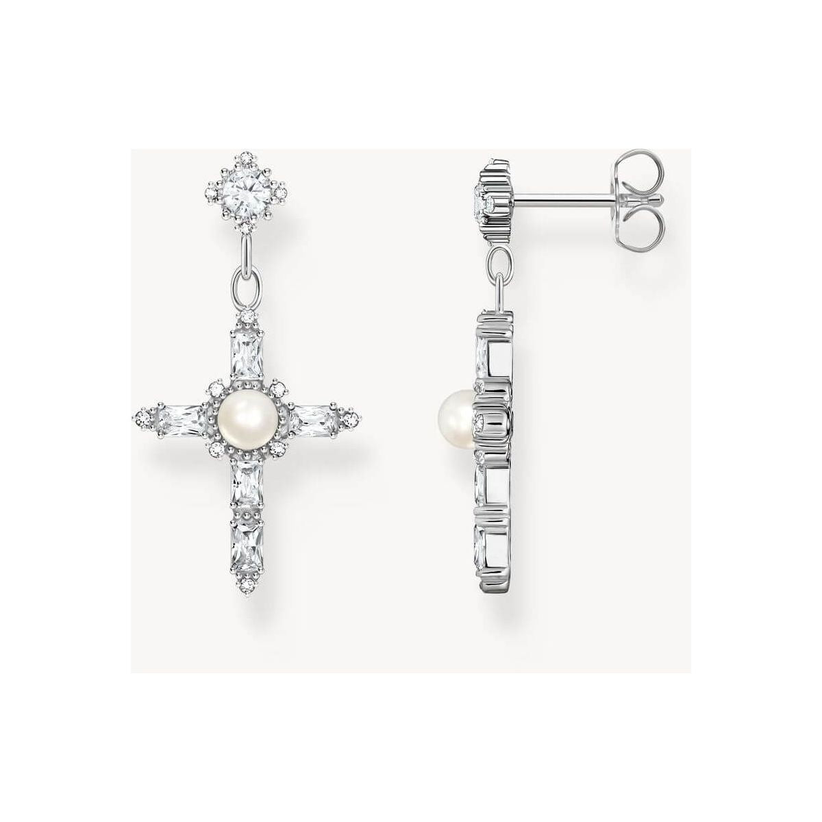 Boucles d'oreilles Croix en argent noirci avec perles et zirconium noir et blanc, style vintage.