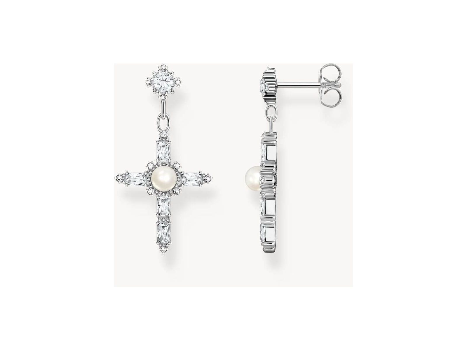 Boucles d'oreilles Croix en argent noirci avec perles et zirconium noir et blanc, style vintage.