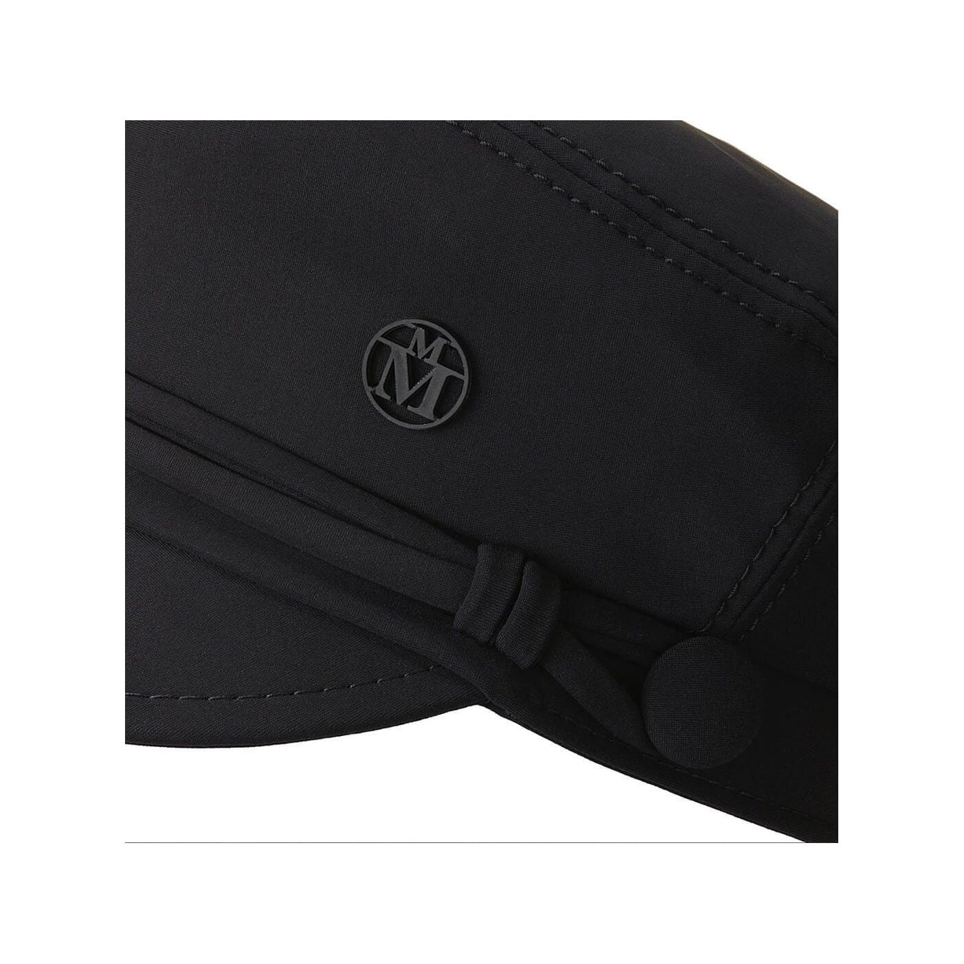 Close-up of the Abby Water black lycra cap with logo, designed for water sports and sun protection.