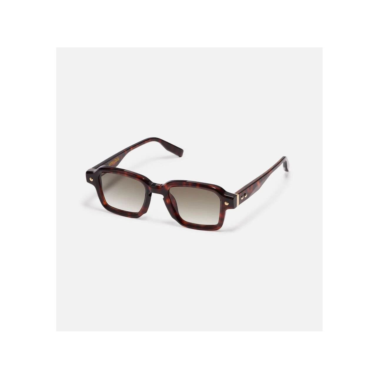 Lunettes de soleil P07 C120 en écaille brun foncé, monture unisexe rectangulaire avec charnières signature.