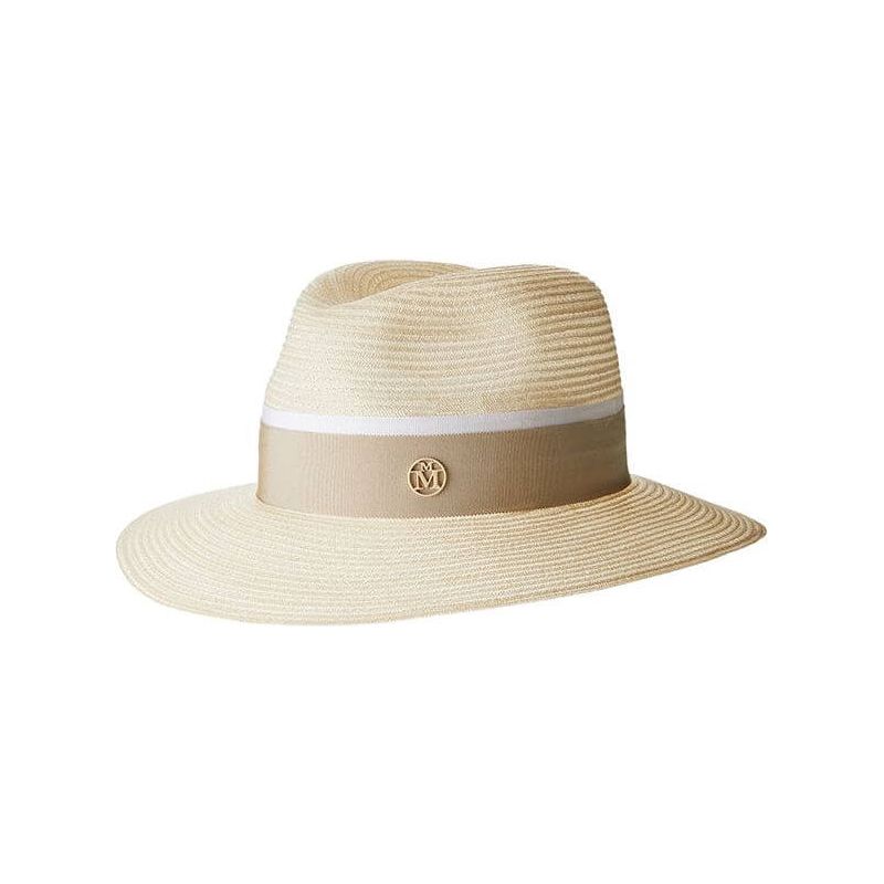 Chapeau Henrietta timeless thin canapa straw natural hat with elegant band and logo accent, perfect for sun protection.