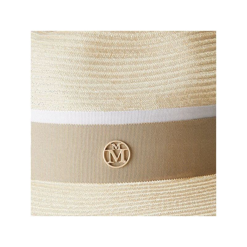 Chapeau Henrietta Timeless Thin Canapa Straw in Natural with elegant ribbon detail and logo embellishment.