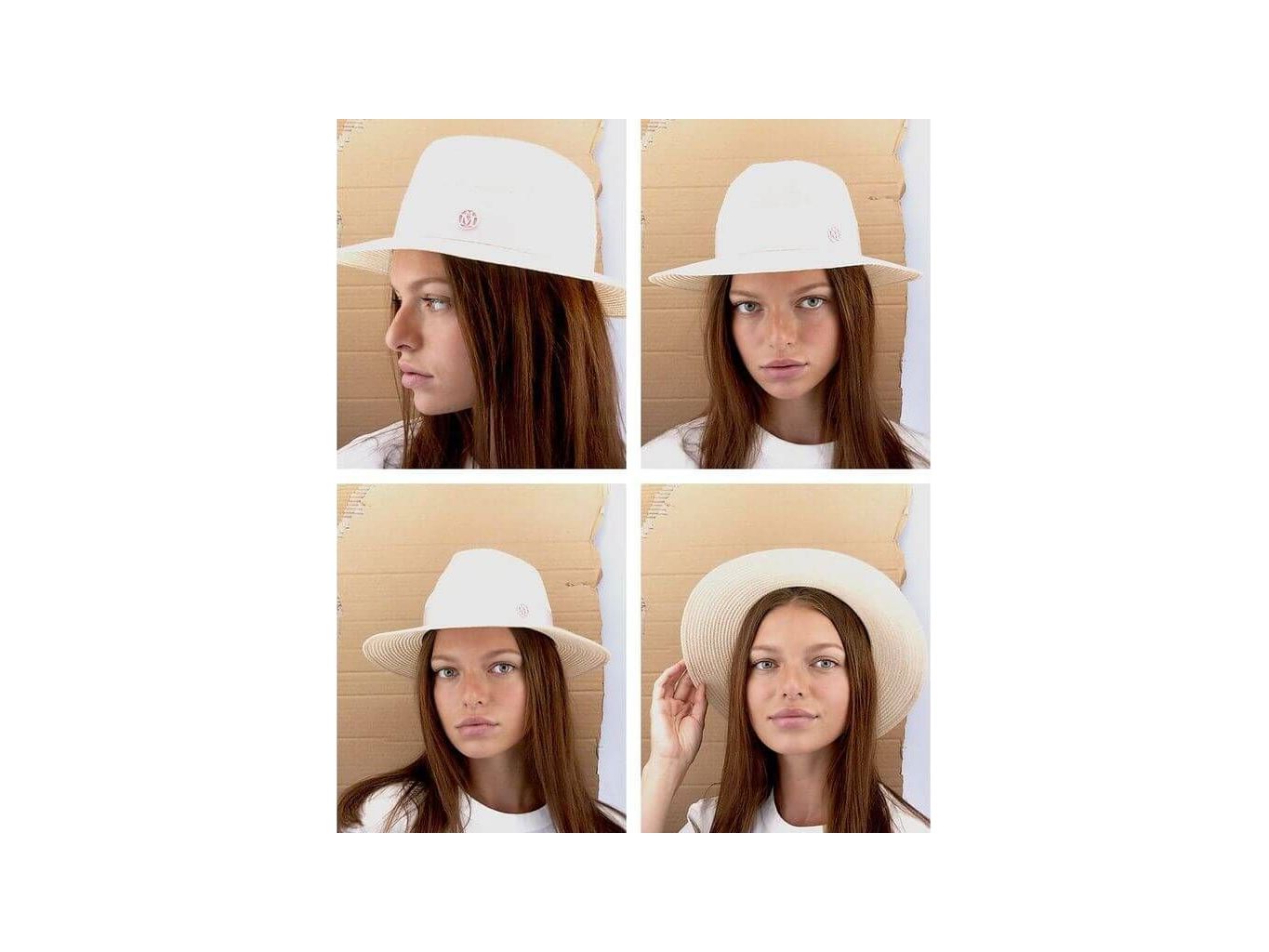 Chapeau Henrietta Timeless thin canapa straw hat in natural color, styled in four different angles, perfect for any occasion.