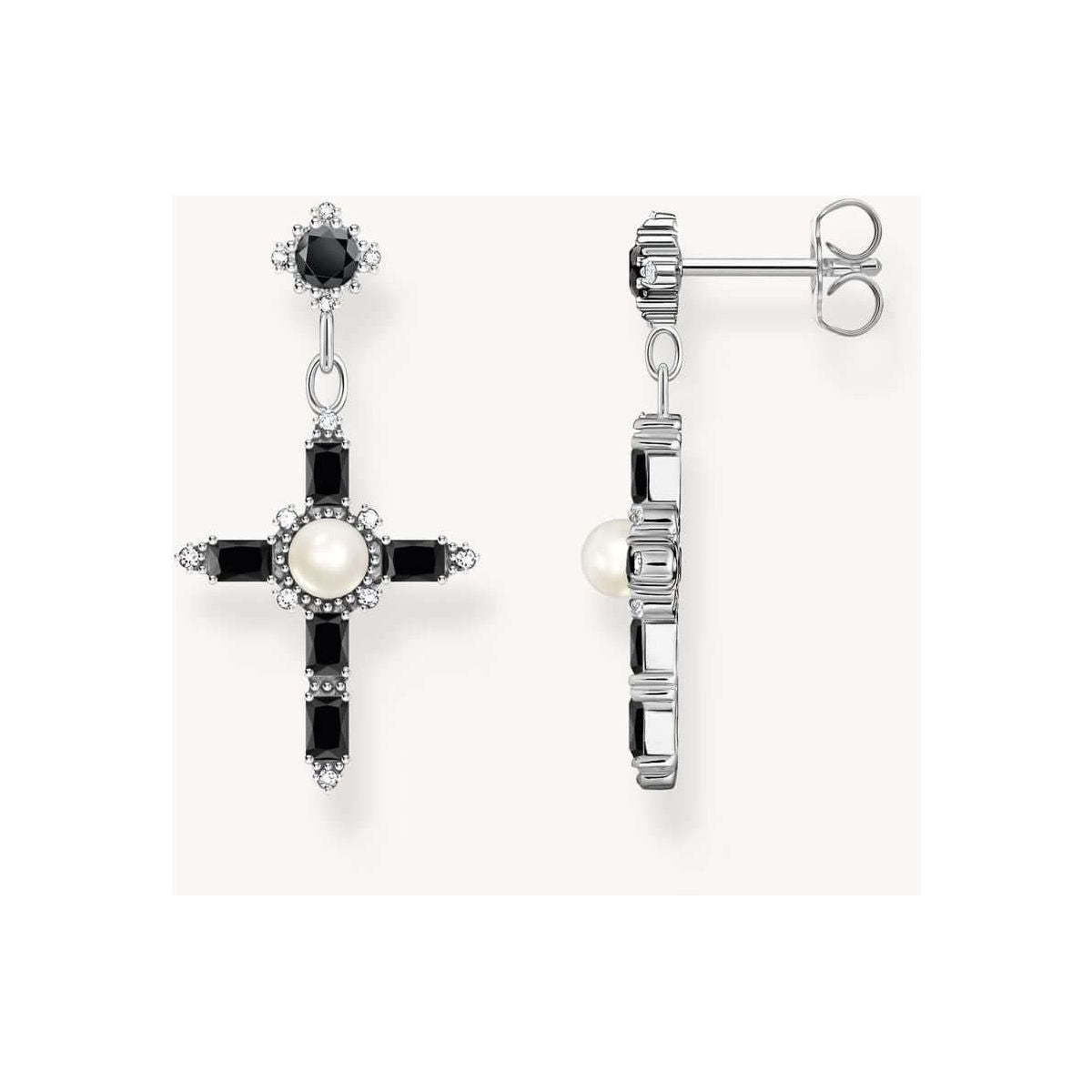 Boucles d'oreilles Croix en argent noirci avec perles et zirconiums, style vintage, pour femmes.