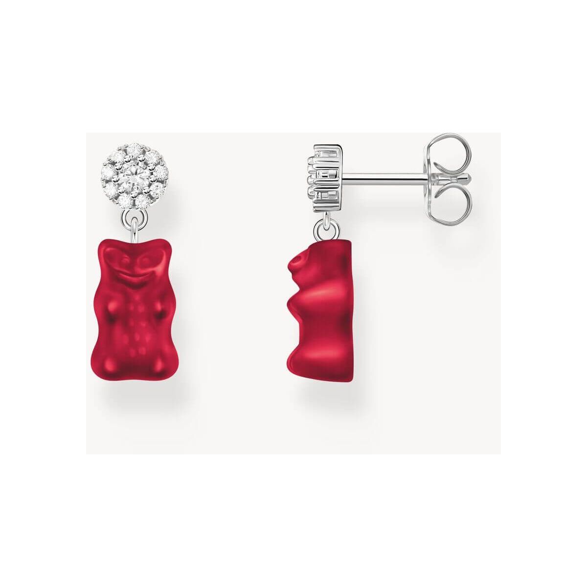 Clous d'oreilles en argent 925 recyclé avec pendentifs ourson rouge et zirconium, tendance et joyeux.