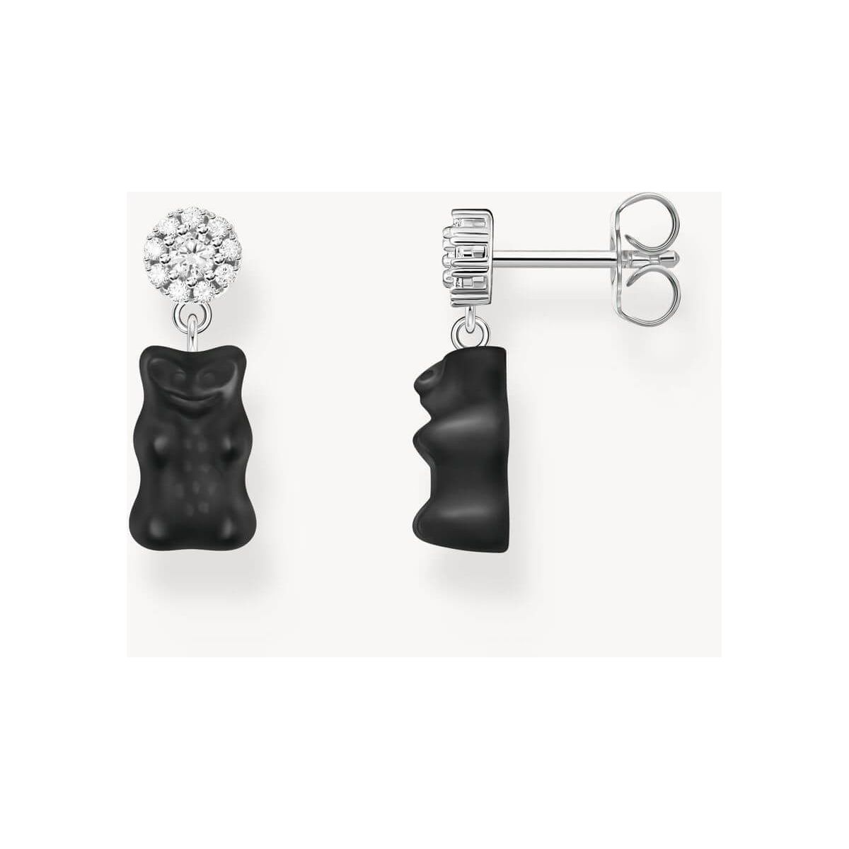 Clous d'oreilles en argent recyclé avec pendentifs oursons noirs et connecteurs en zirconium.