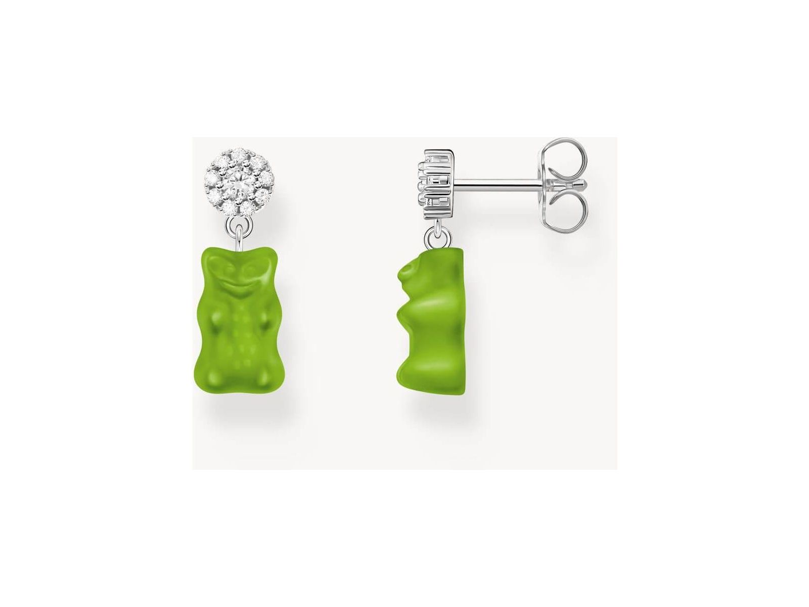 Clous d'oreilles en argent 925 avec pendentifs oursons en gomme verts ornés de pierres en zirconium.