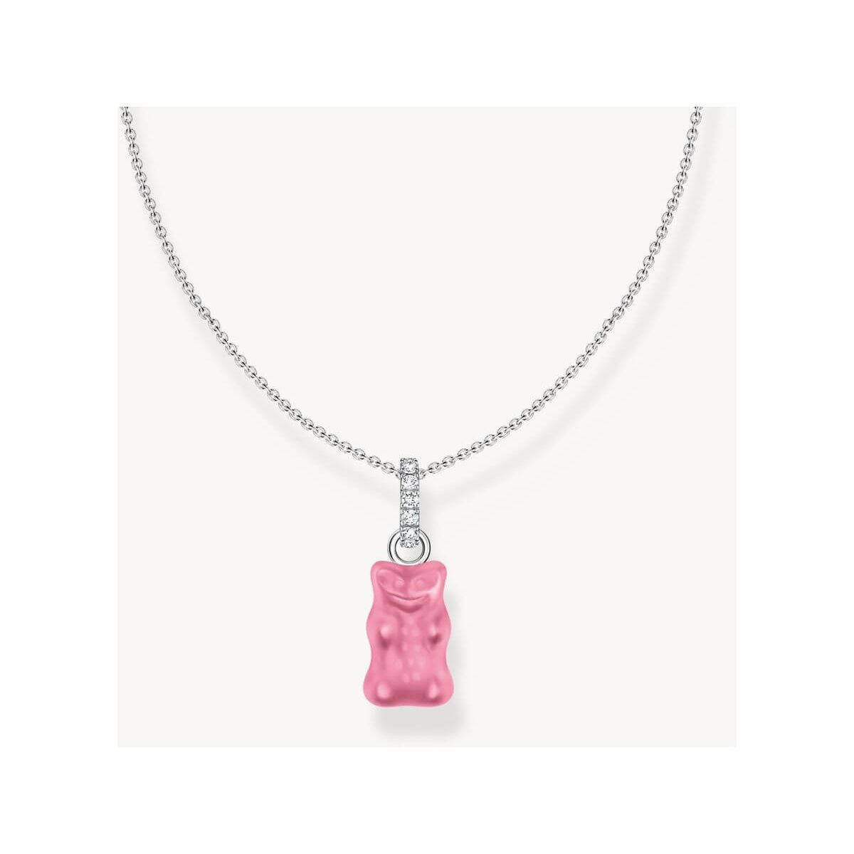 Pink HARIBO bear charm on a silver chain necklace, perfect for fans of candy-inspired jewelry.
