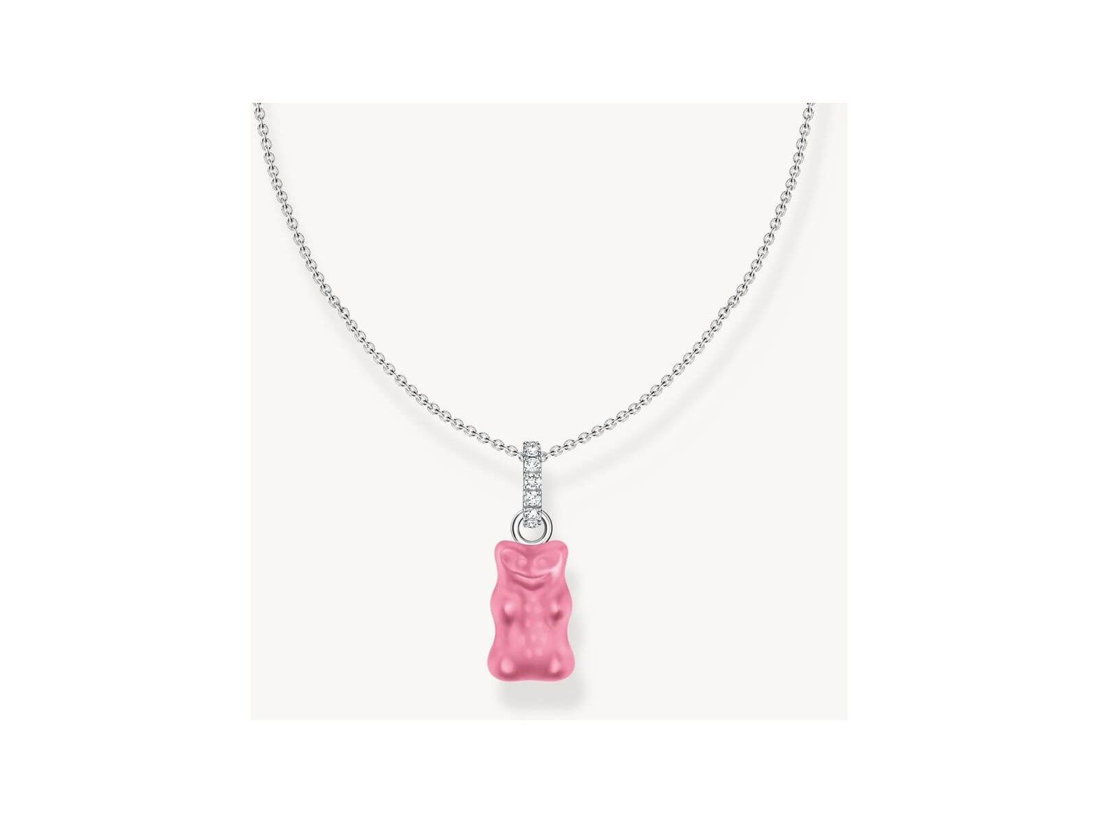 Pink HARIBO bear charm on a silver chain necklace, perfect for fans of candy-inspired jewelry.