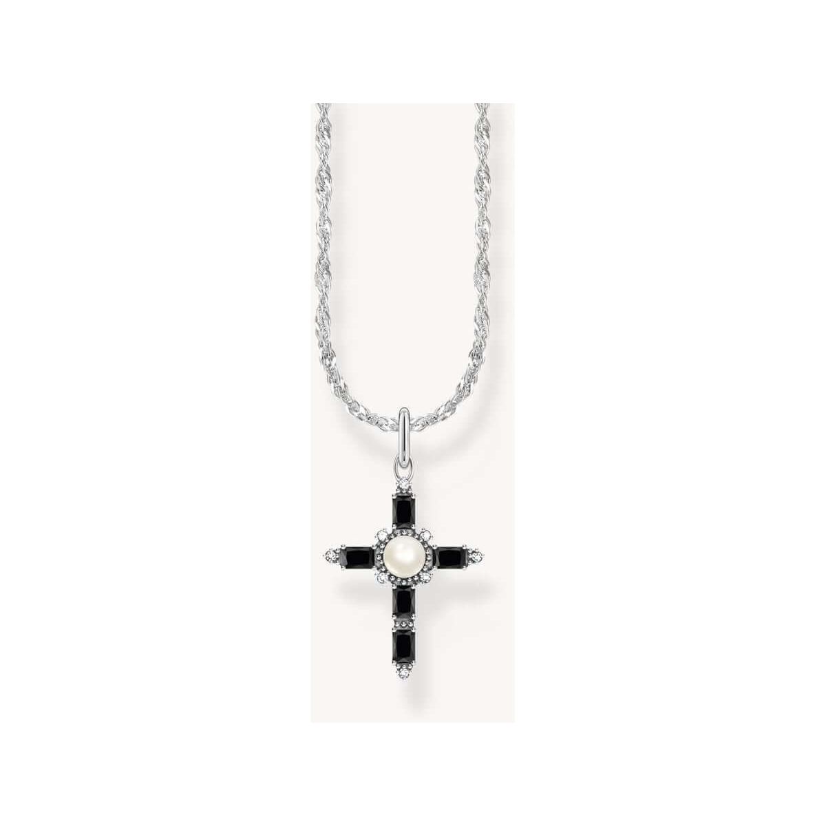 Chaîne en argent avec pendentif croix vintage en zirconium et perle de culture, ajustable et élégante.