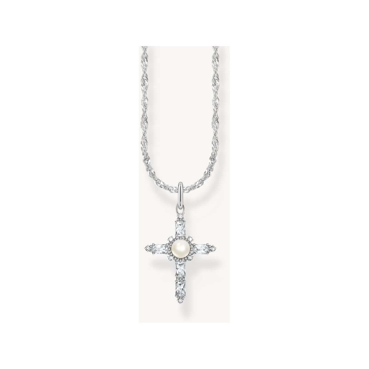 Chaîne argentée avec pendentif croix blanche, pierres en zirconium et perle de culture, style vintage.