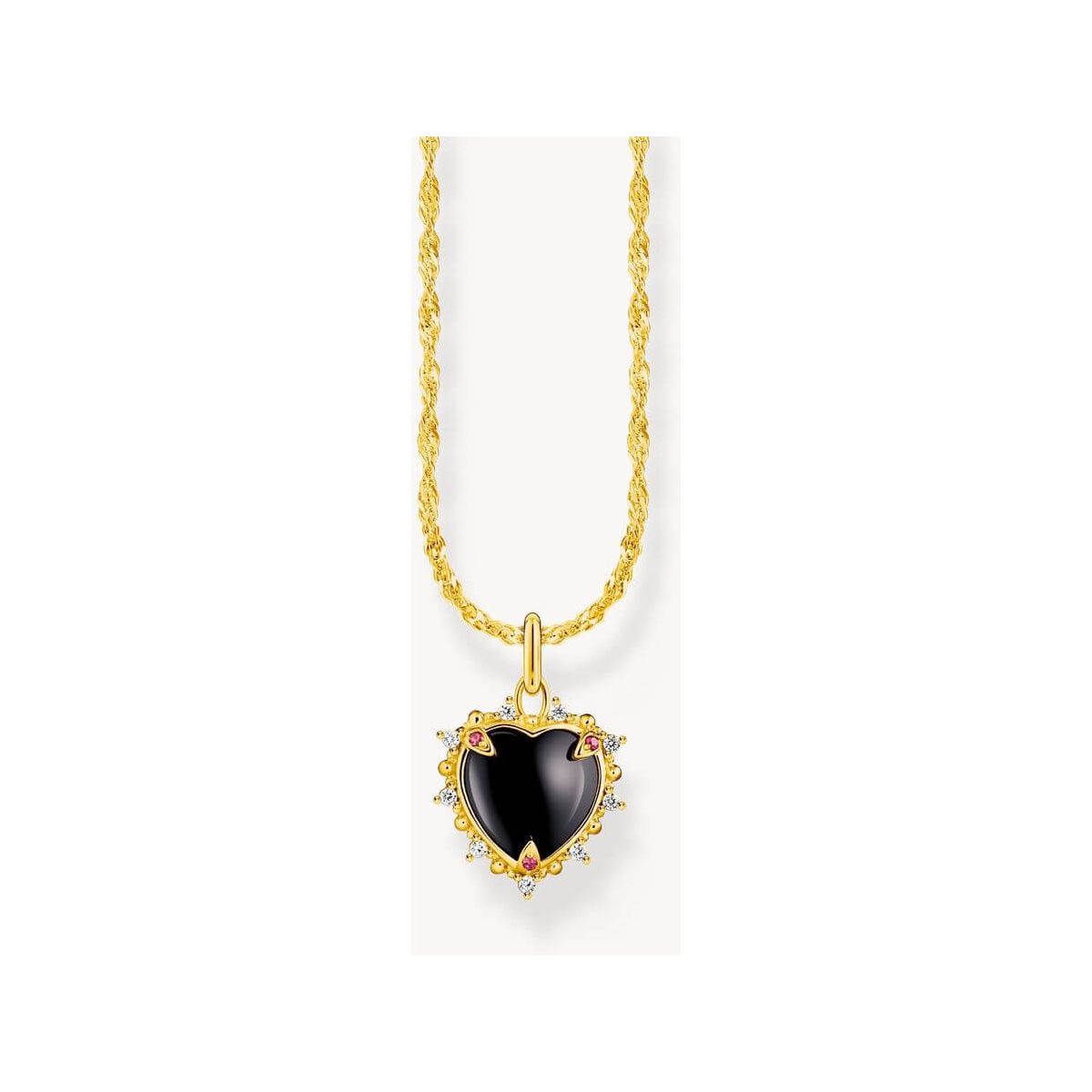 Chaîne avec pendentif cœur noir et zircones en argent plaqué or, design vintage élégant pour femme.